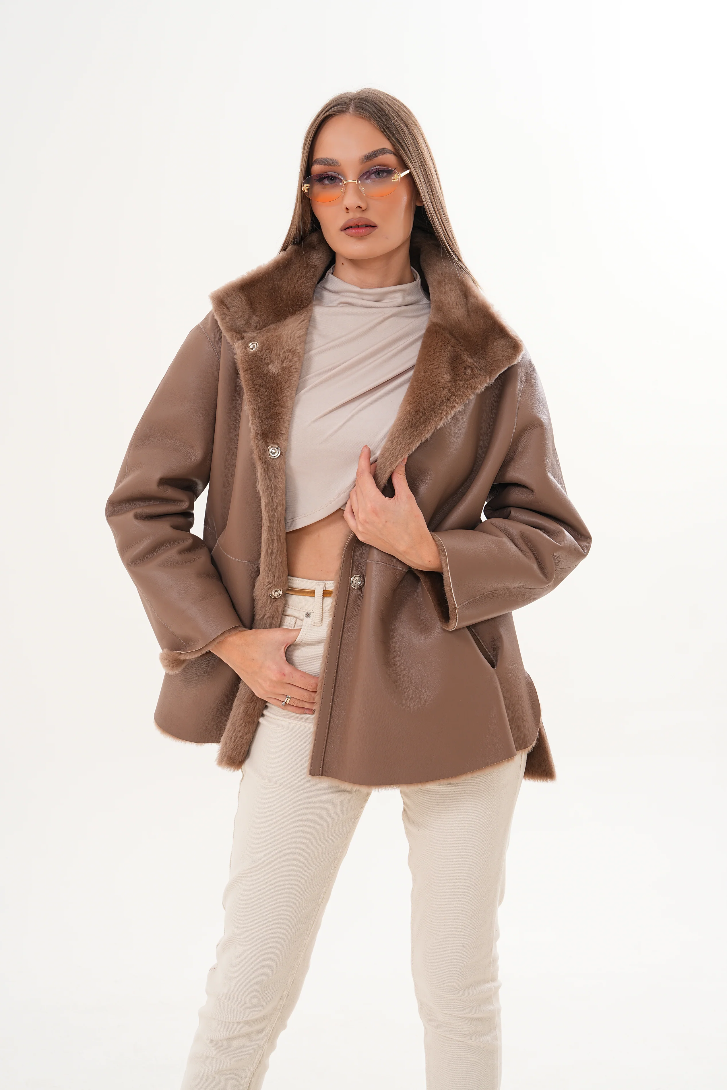 The Belluna Camel Reversible Shearling Women Jacket