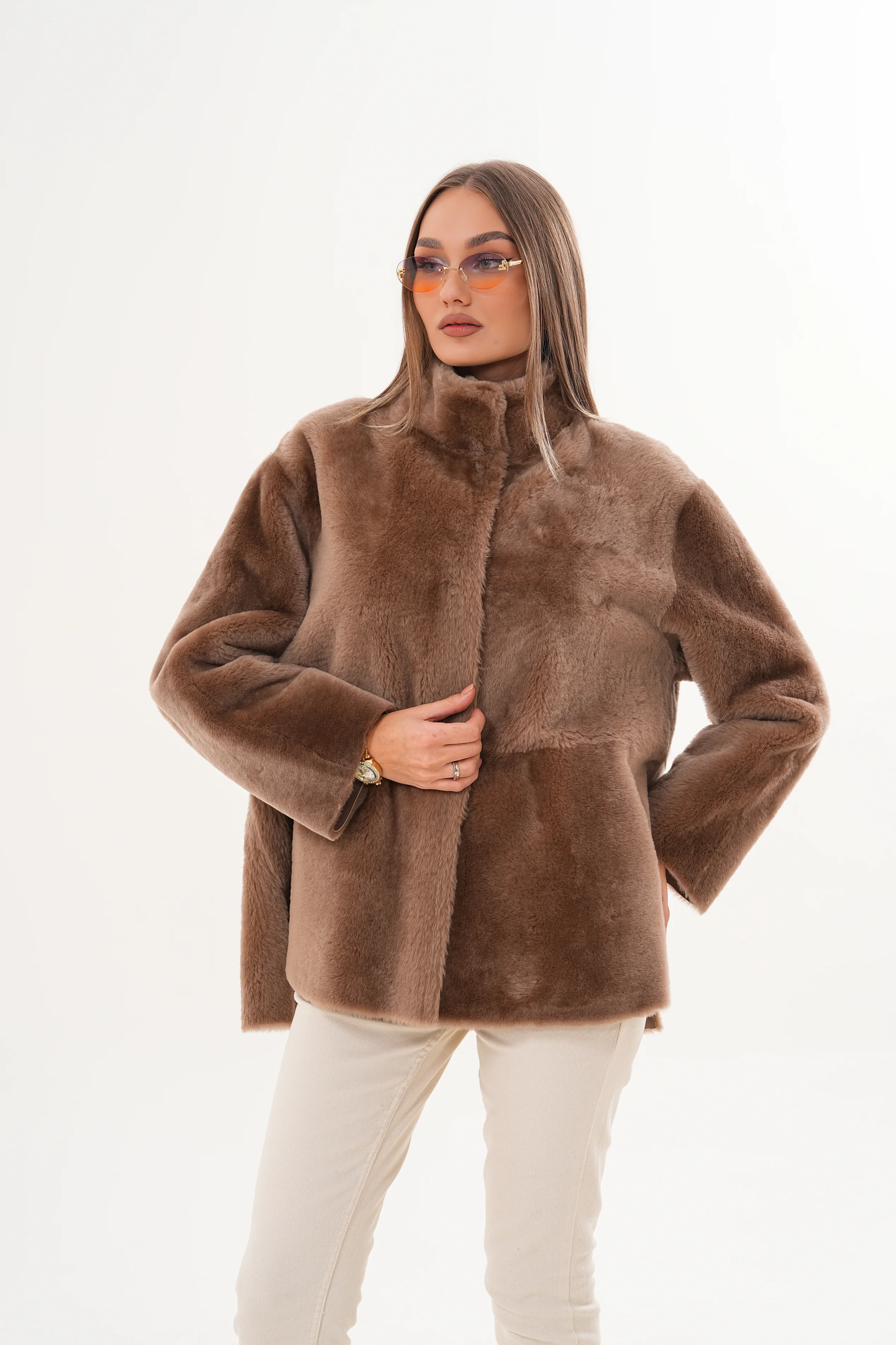 The Belluna Camel Reversible Shearling Women Jacket - Image 12