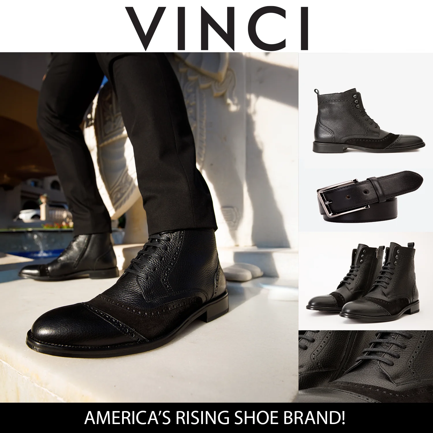 The Anderson Black Leather & Suede Brogue Lace-Up Men Boot with a Zipper - Image 4