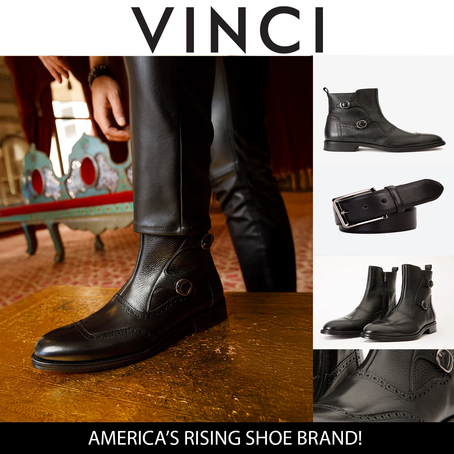The Rand Black Leather Double Buckle Brogue Men Boot with a Zipper - Image 2