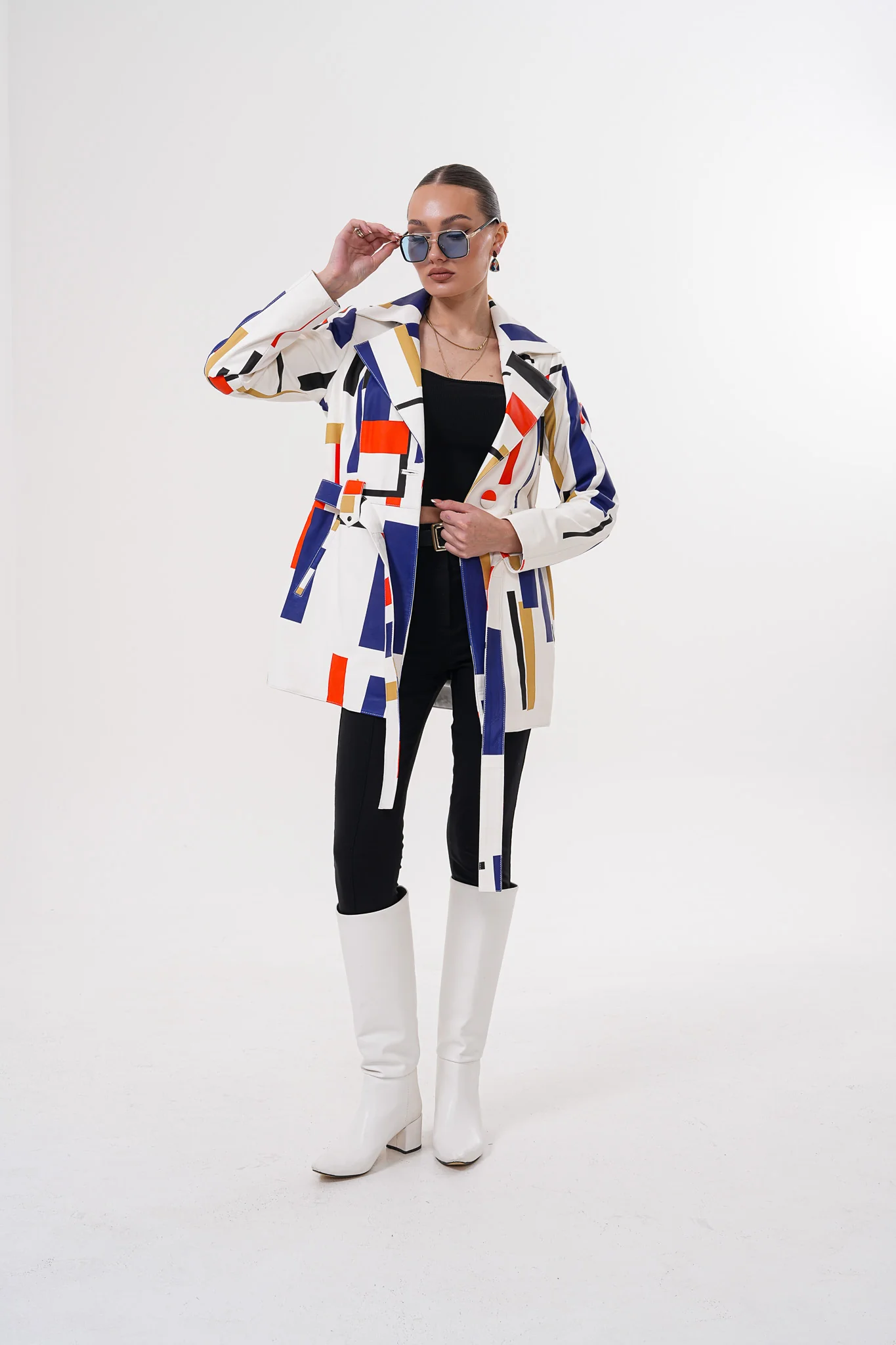 Sienna Abstract Art Leather Women Jacket – Red Navy Edition - Image 4