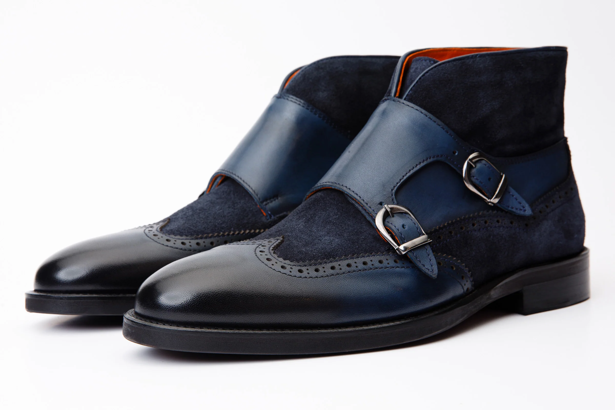The Albus Navy Blue Leather & Suede Double Strap Monk Brogue Men Boot - Image 2