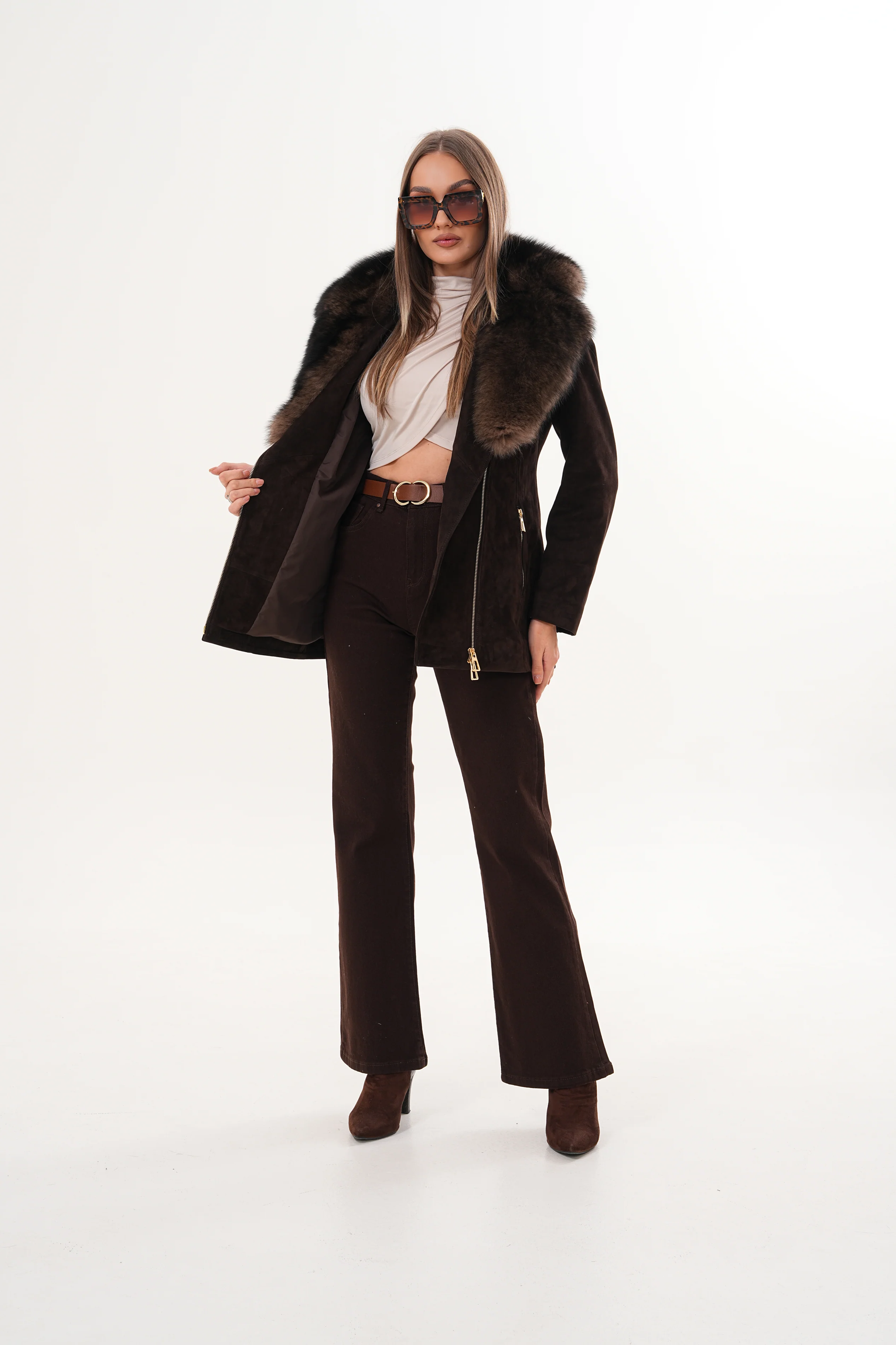 The Alessia Brown Leather & Fox Fur Women Jacket - Image 8