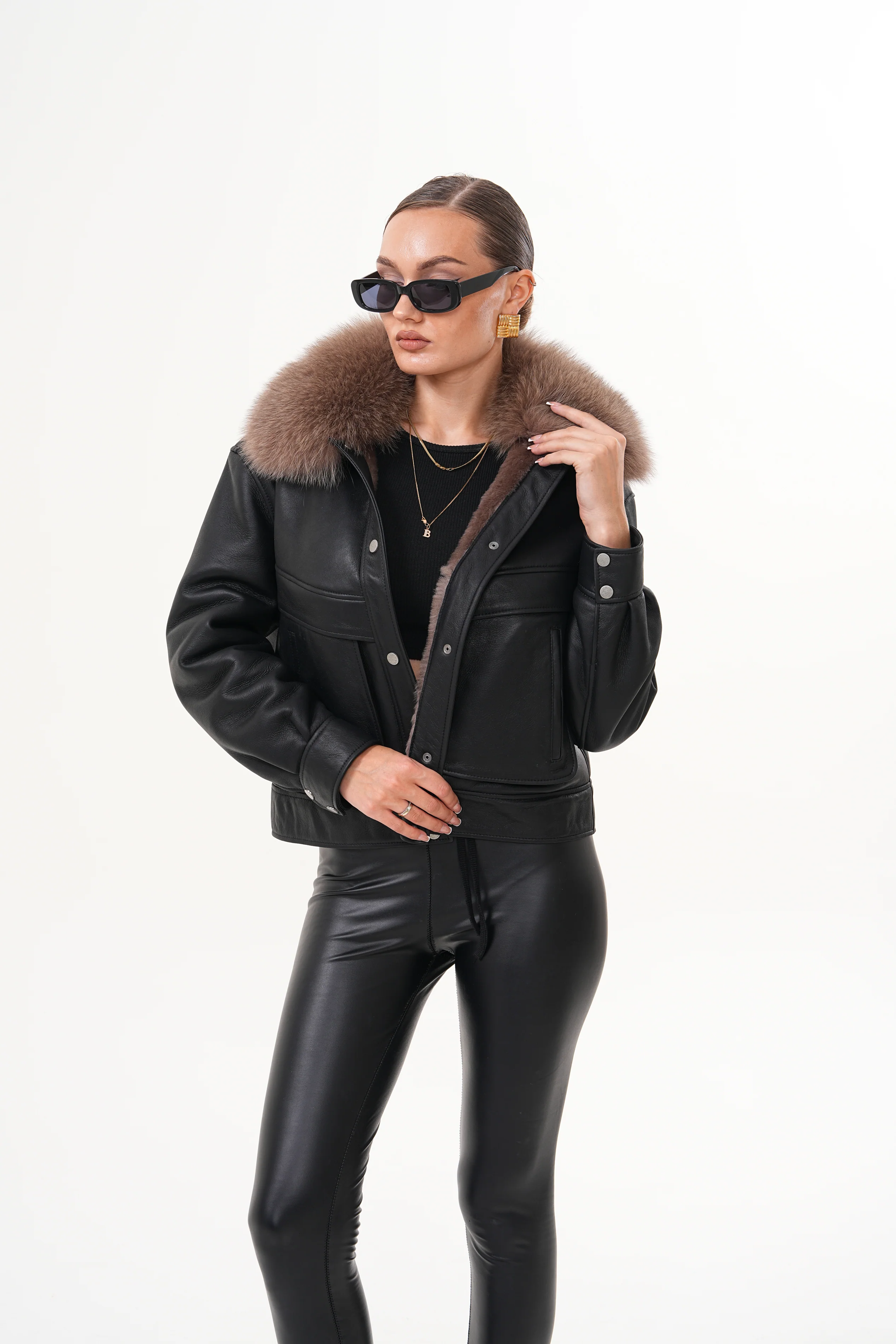 The Auretta Brown Collar Shearling Leather Women Jacket - Image 9
