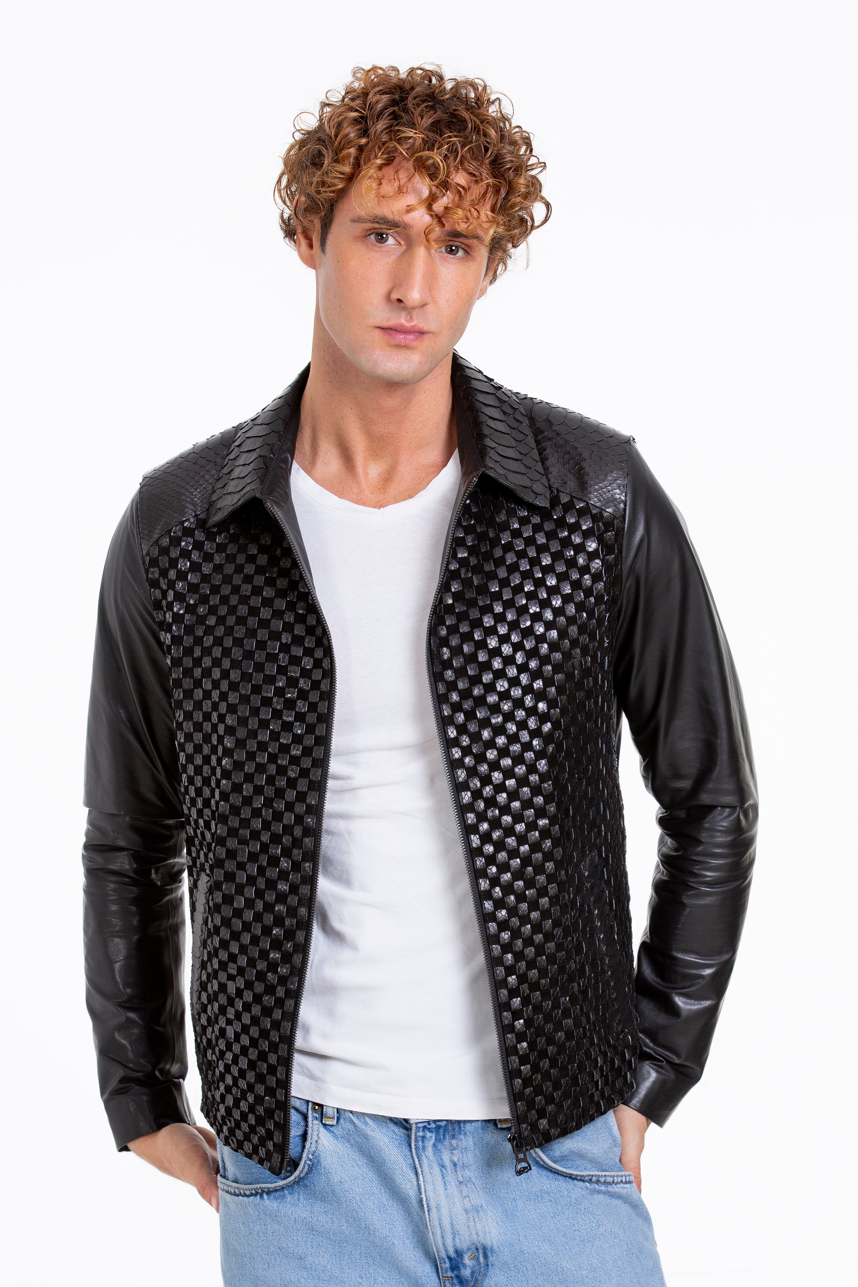The Bedford Pythn Skin Handwoven Leather Black Men Jacket - Image 6