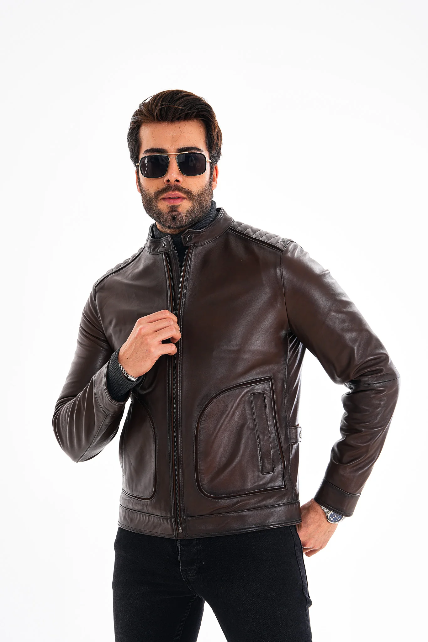 The Brescia Brown Leather Racer Men Jacket - Image 7