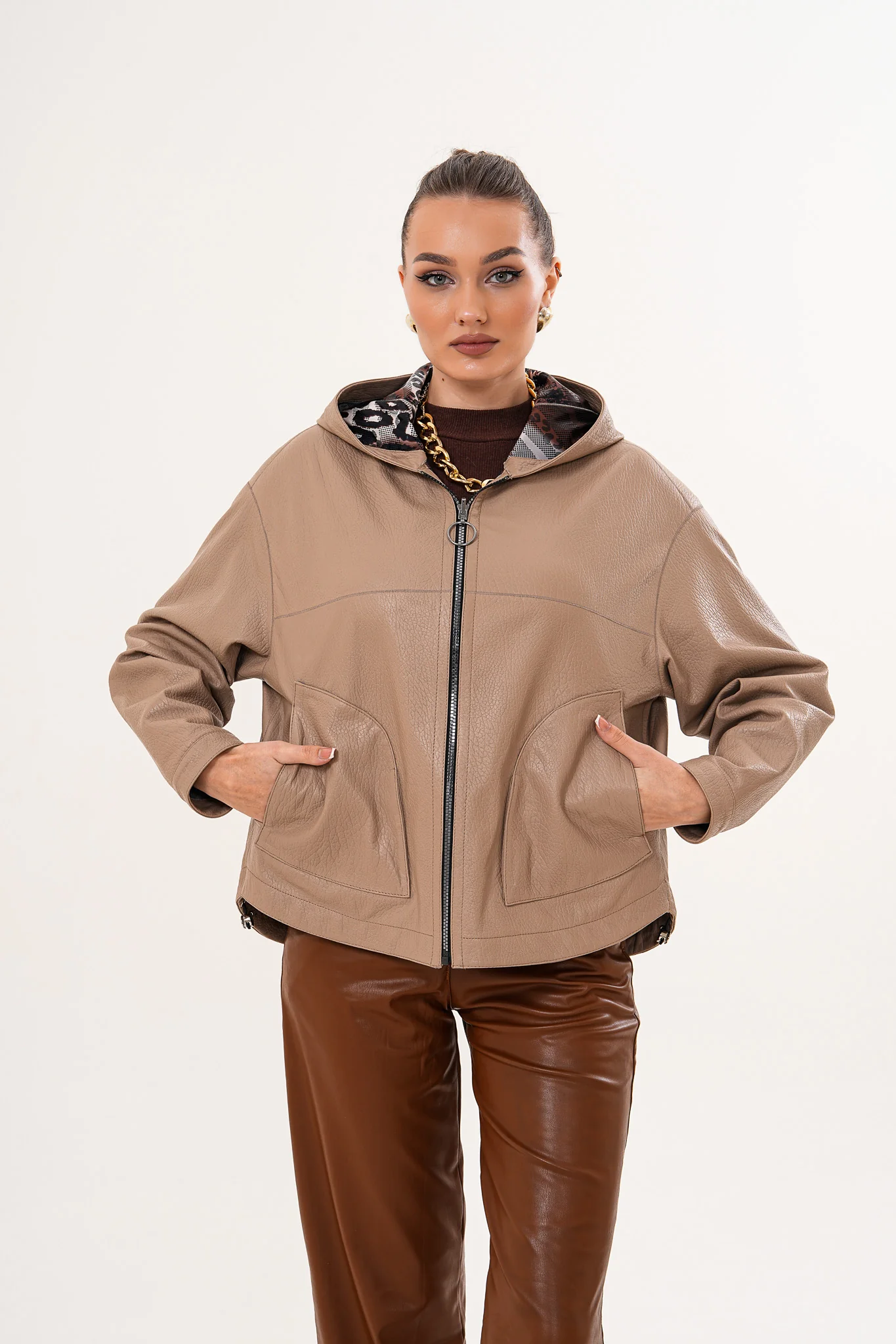 The Calyra Reversible Leather Women Jacket – Taupe - Image 13