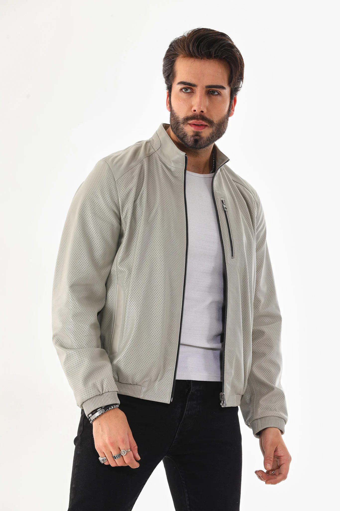 The Como Reversible Cream & Black Leather Bomber Jacket - Image 2