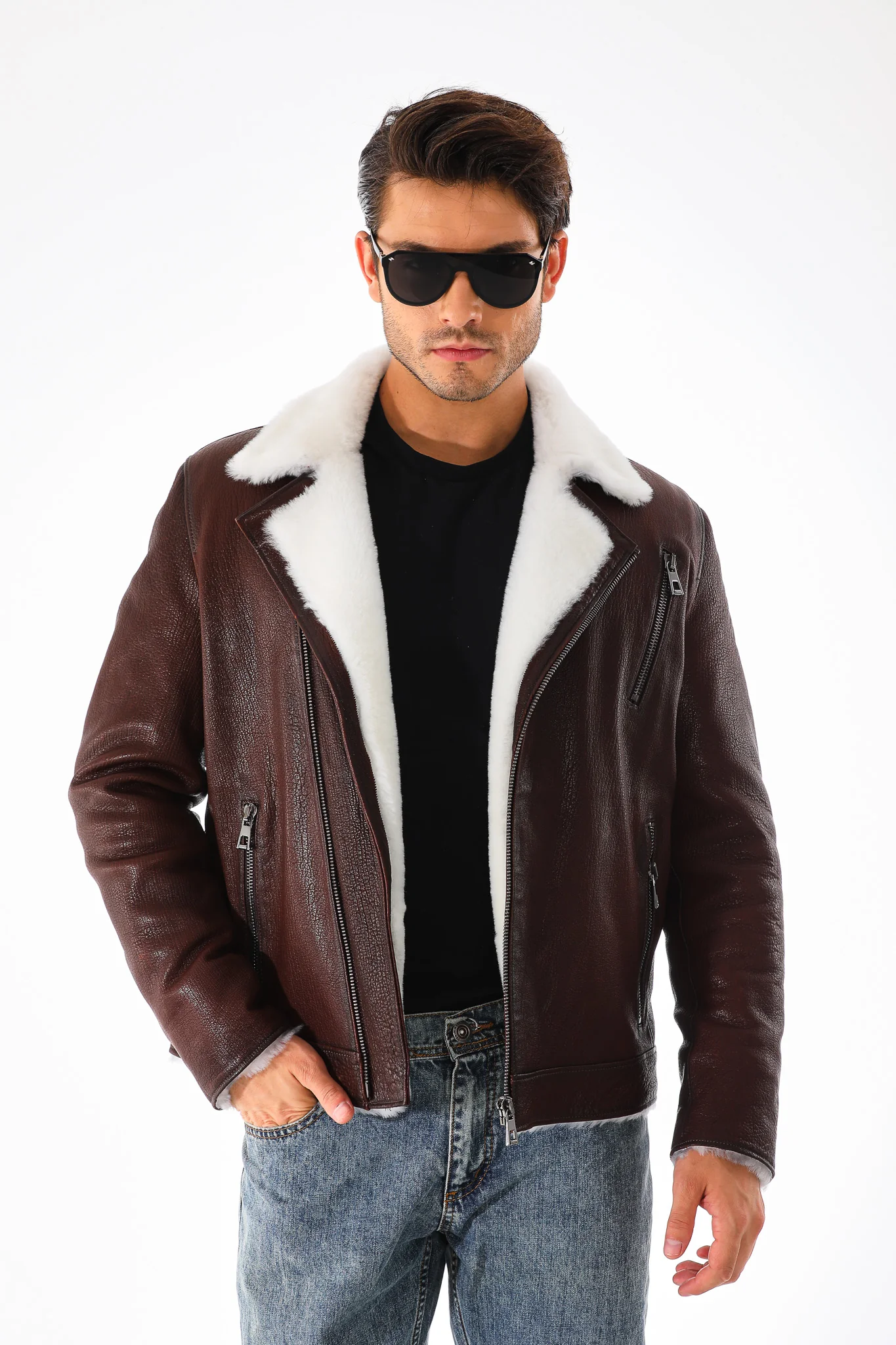 The Cortina Brown & White Shearling Leather Men Jacket - Image 2