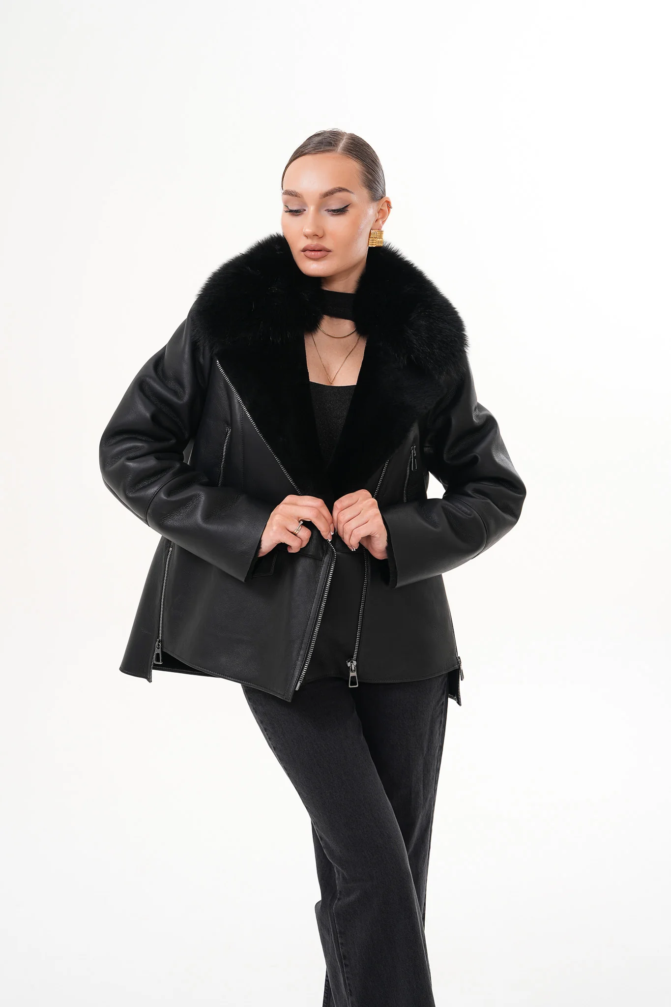 The Duchess Shearling Black Leather Women Jacket - Image 10