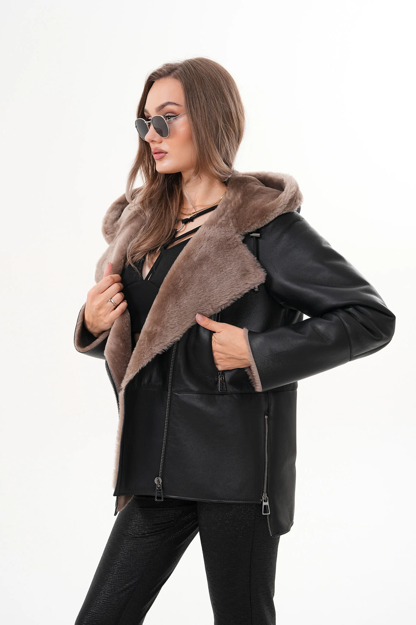 The Duchess Shearling Brown Leather Women Hooded Jacket - Image 12