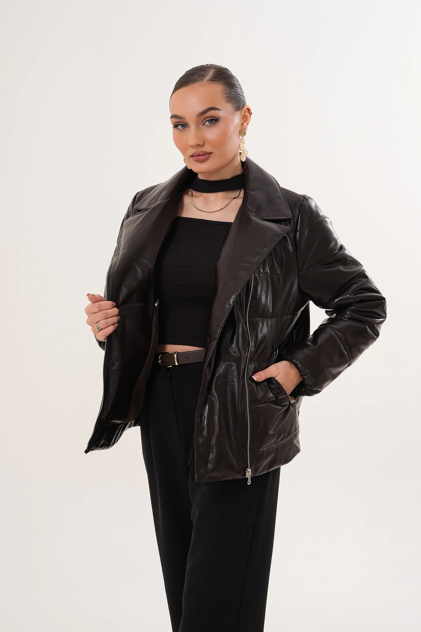 The Elvaris Dark Chocolate Leather Women Jacket with Fur Collar - Image 7