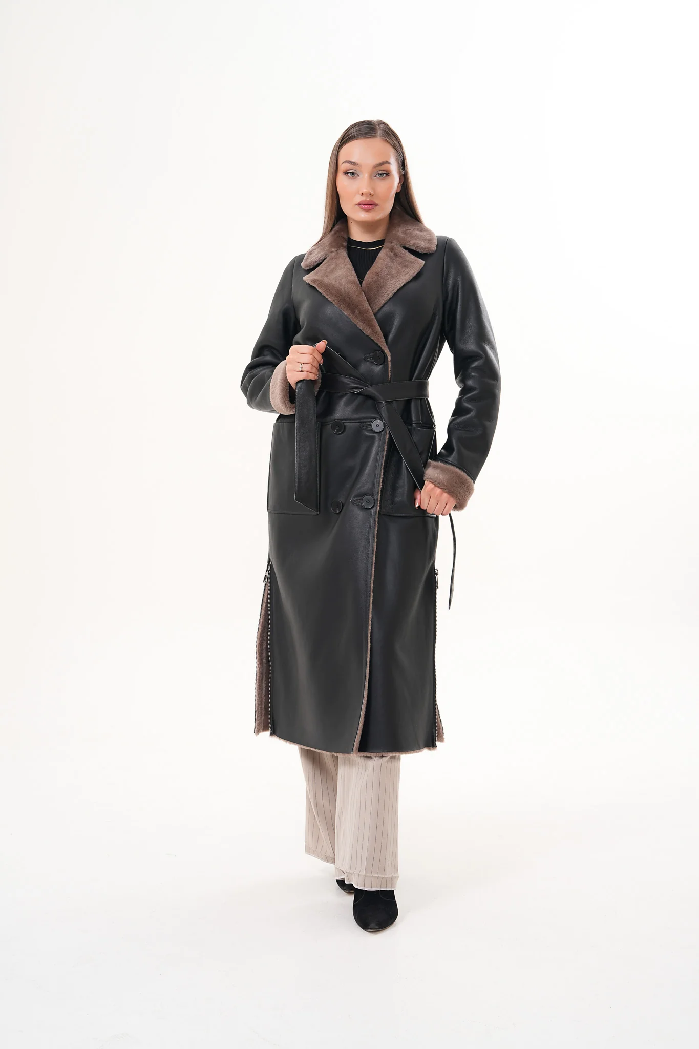 The Florence Long Shearling Black Leather Women Jacket - Image 10