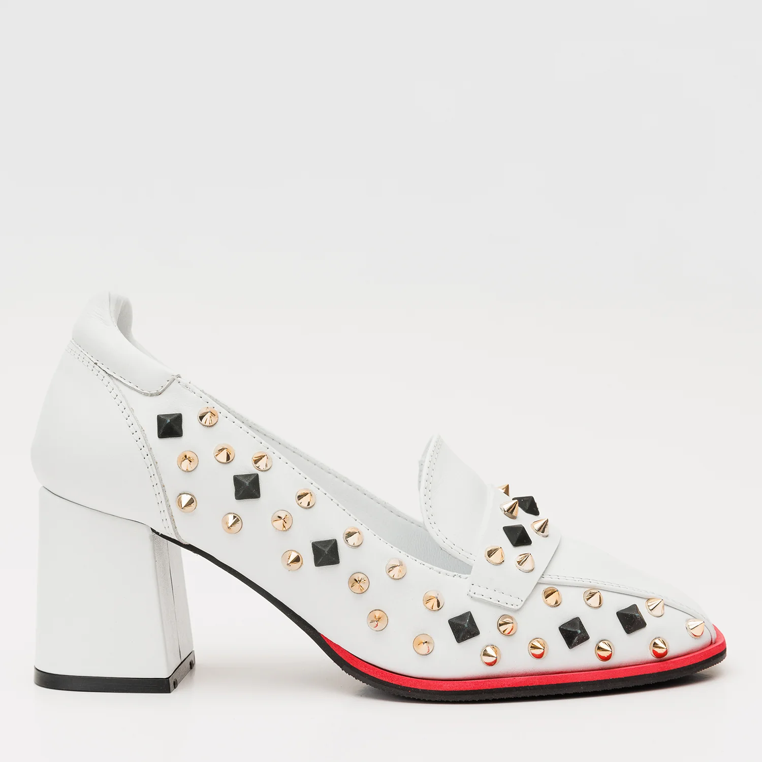 The Infanta White Spike Leather Block Heel Pump Women Shoe - Image 2