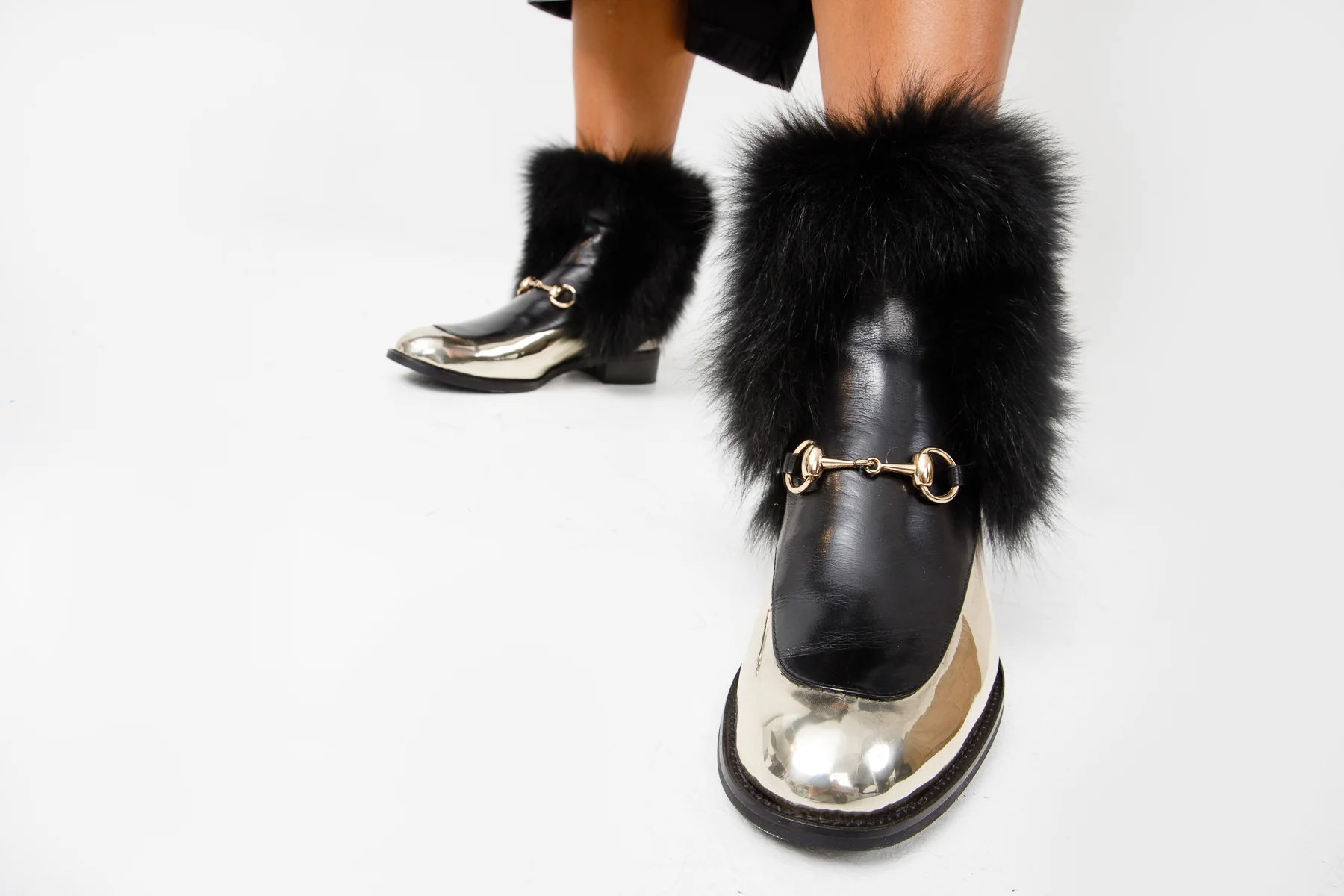 The Izmir Black & Gold Leather Natural Fox Fur Mid Calf Women Boot - Image 10