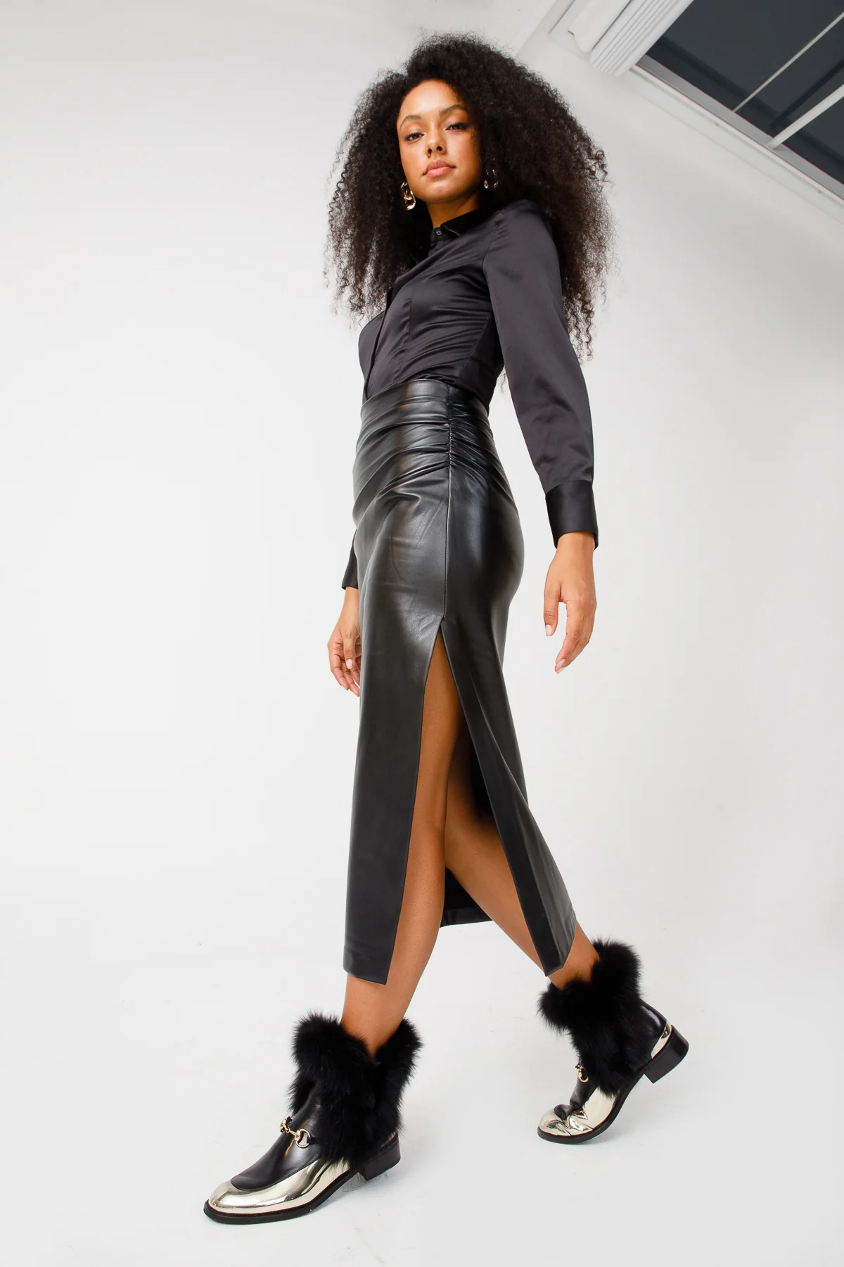 The Izmir Black & Gold Leather Natural Fox Fur Mid Calf Women Boot - Image 11