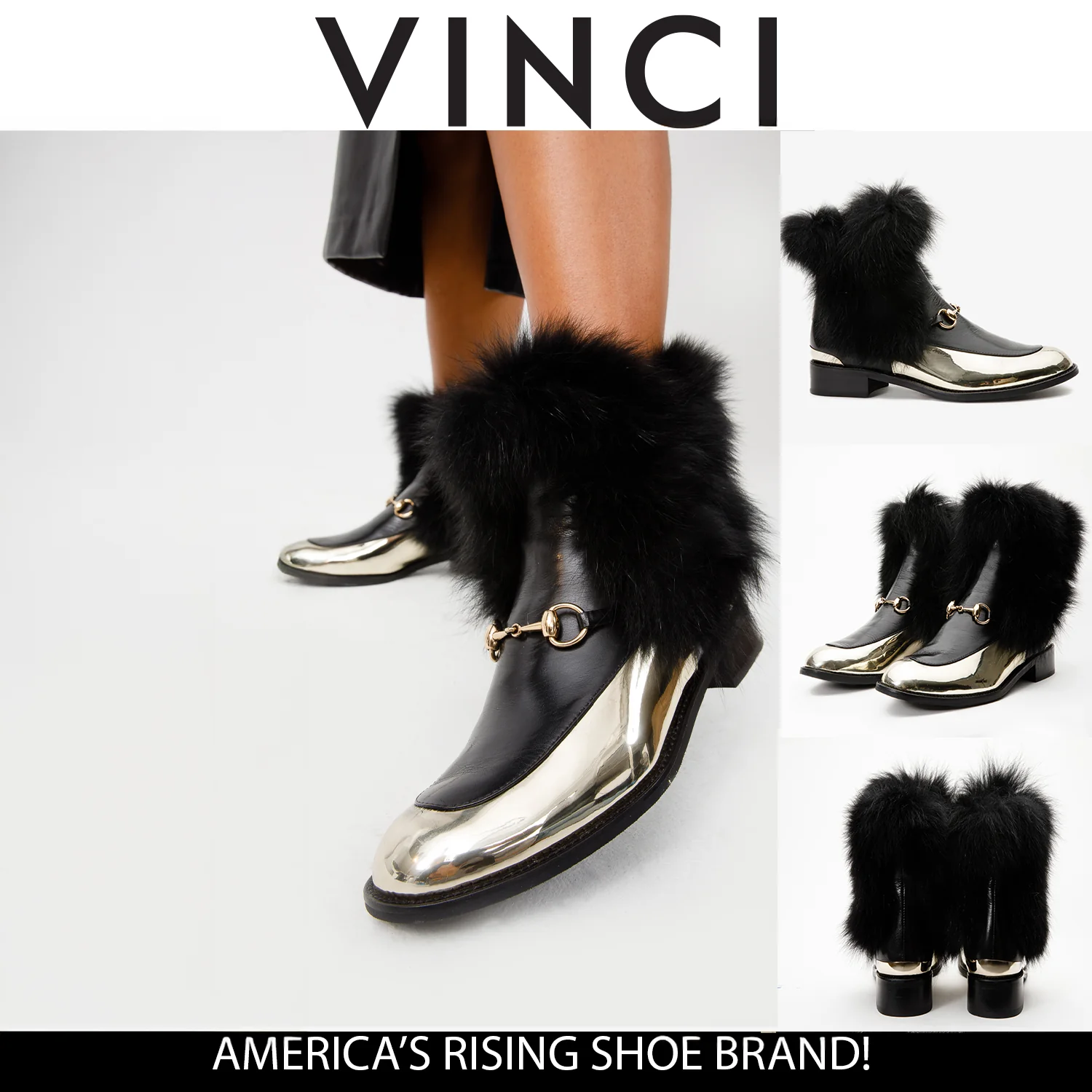 The Izmir Black & Gold Leather Natural Fox Fur Mid Calf Women Boot - Image 14