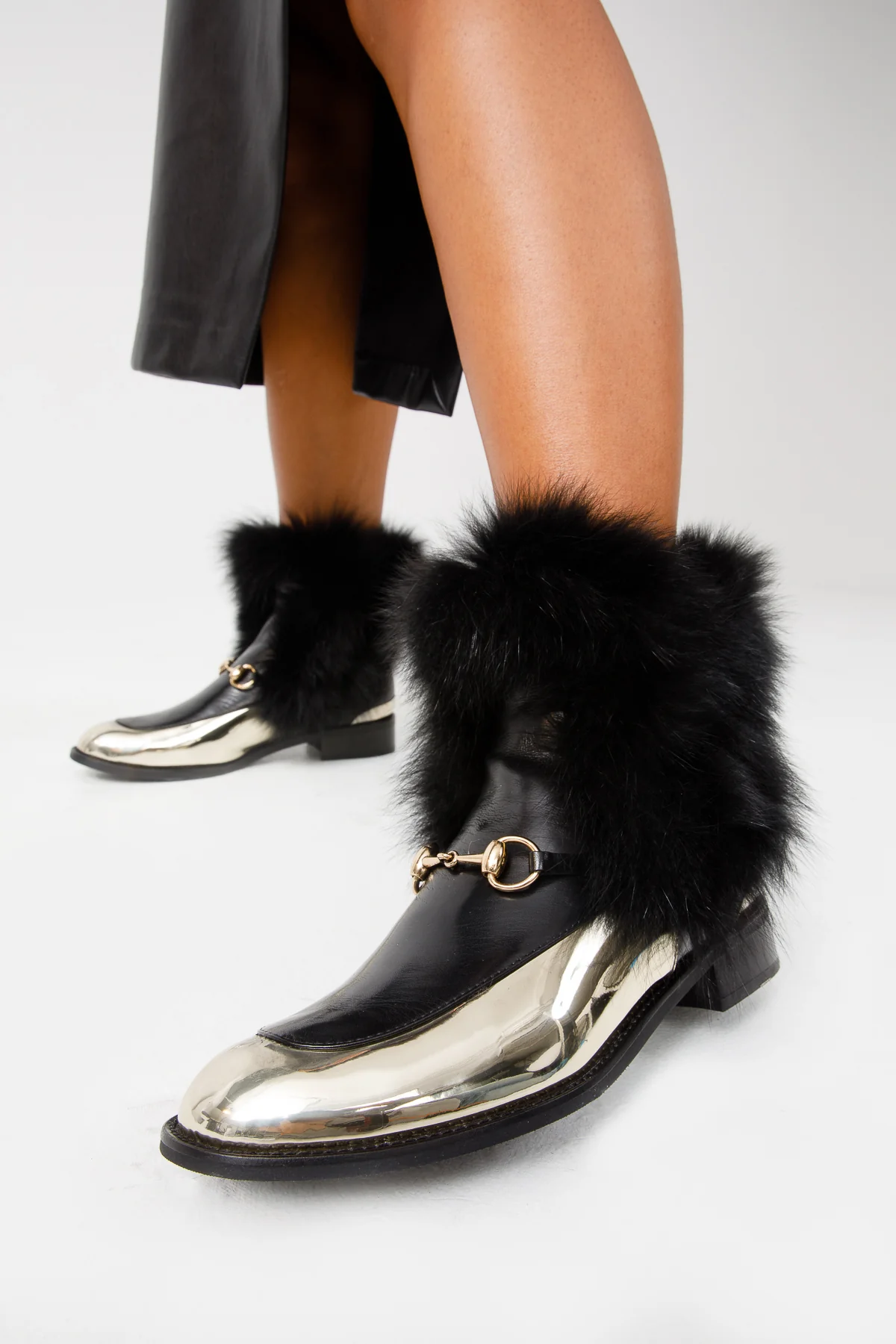 The Izmir Black & Gold Leather Natural Fox Fur Mid Calf Women Boot - Image 8