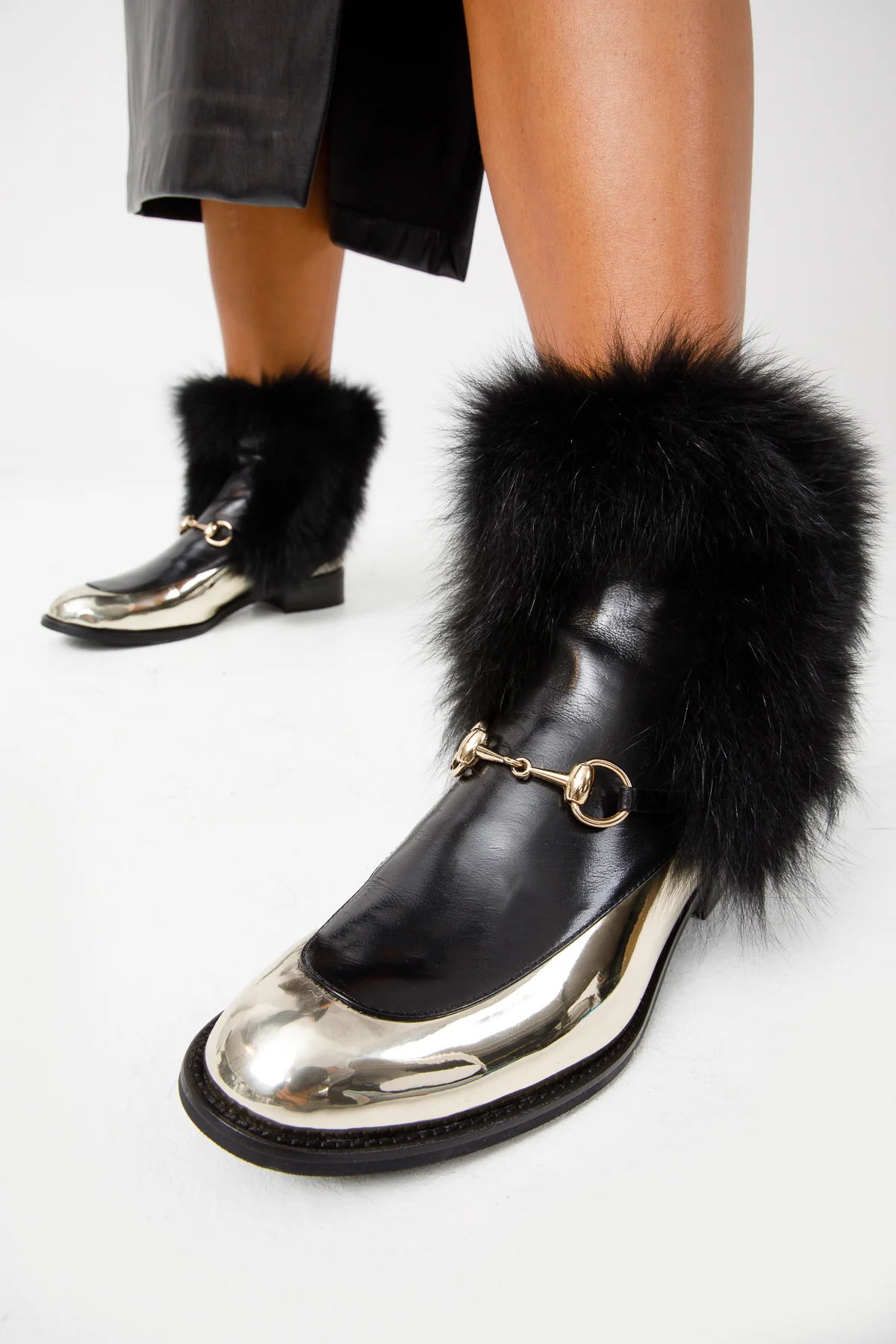 The Izmir Black & Gold Leather Natural Fox Fur Mid Calf Women Boot - Image 9
