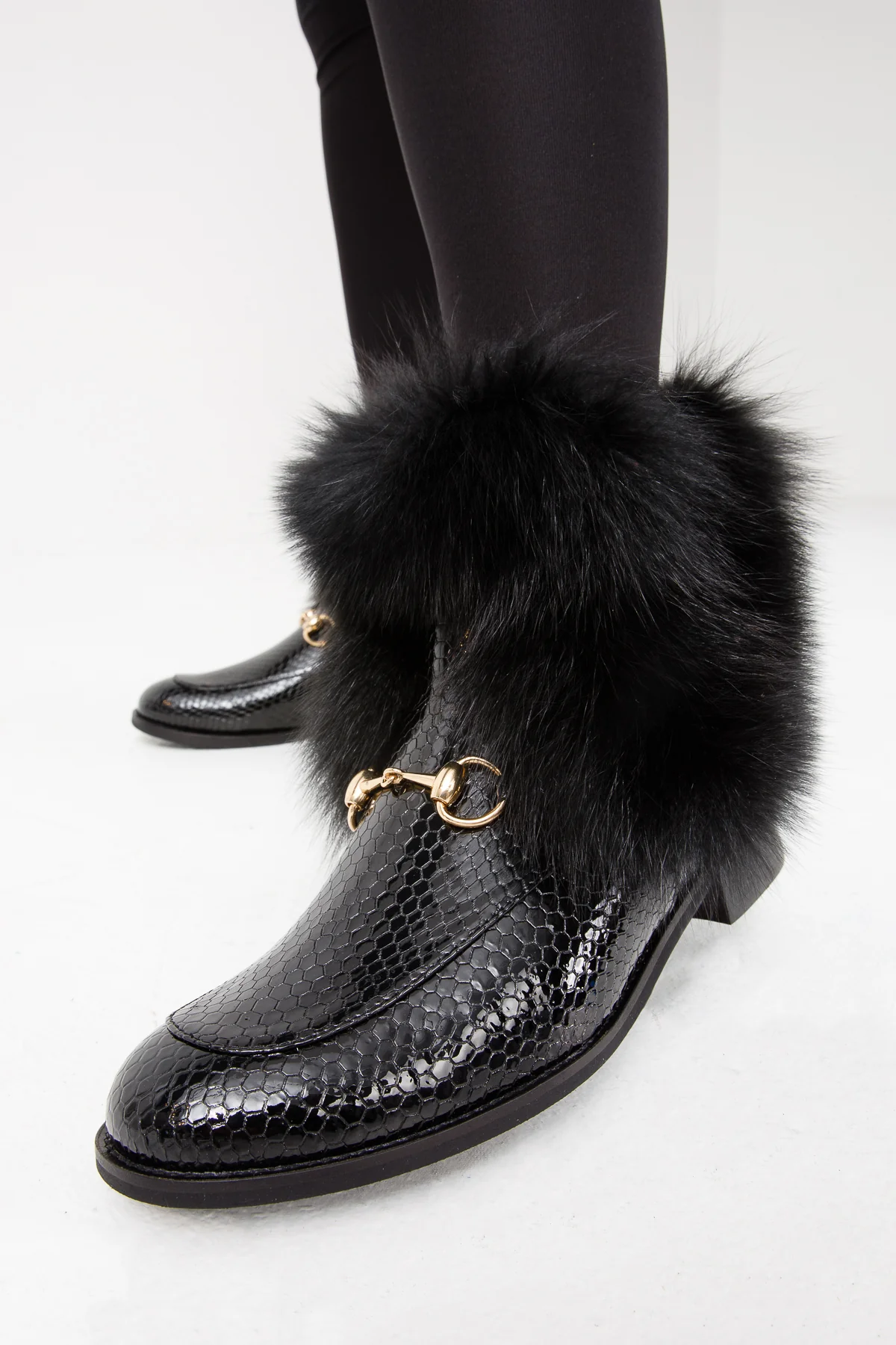 The Izmir Black Patent Leather Natural Fur Mid Calf Women Boot - Image 12