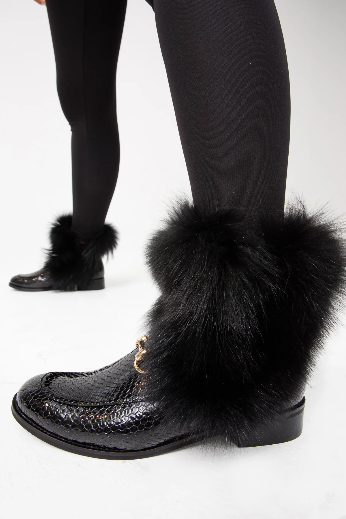The Izmir Black Patent Leather Natural Fur Mid Calf Women Boot - Image 13