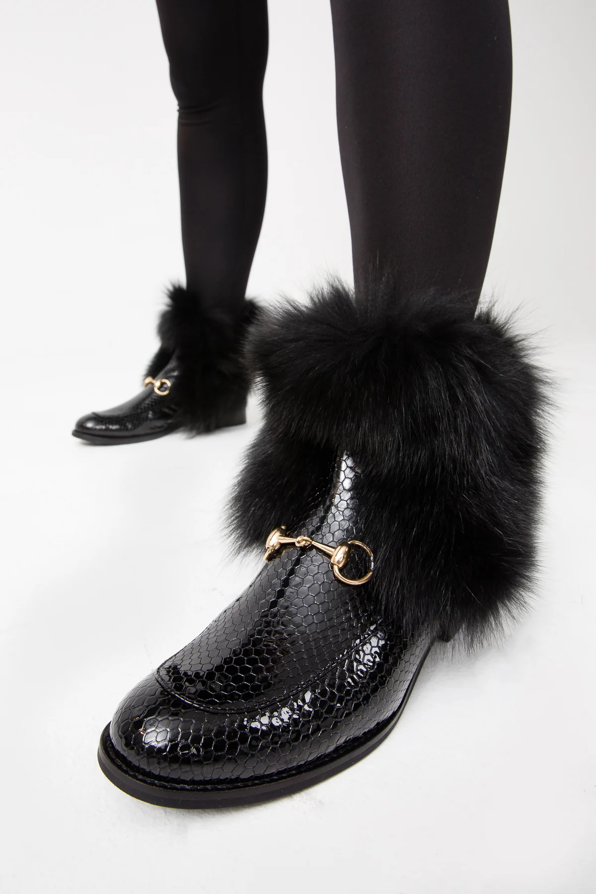 The Izmir Black Patent Leather Natural Fur Mid Calf Women Boot - Image 14