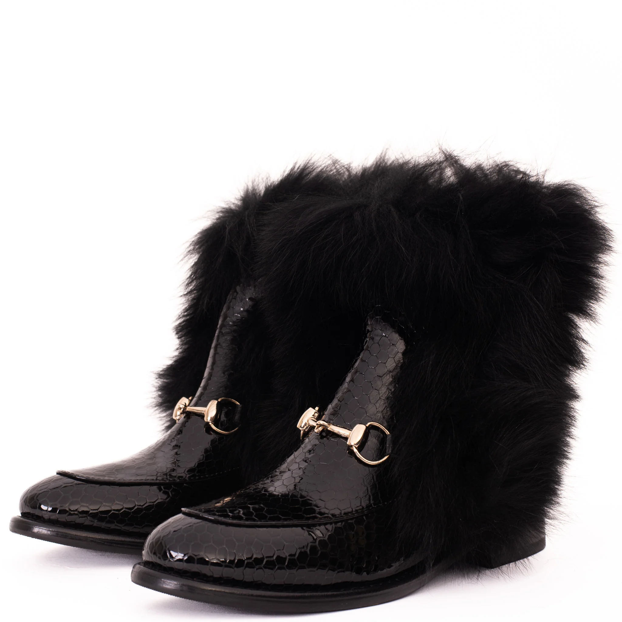 The Izmir Black Patent Leather Natural Fur Mid Calf Women Boot - Image 22