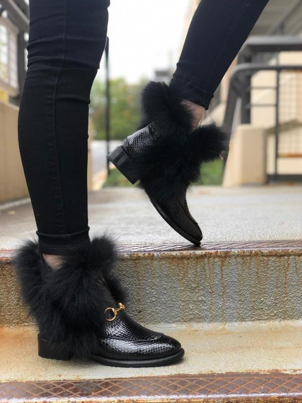 The Izmir Black Patent Leather Natural Fur Mid Calf Women Boot - Image 6