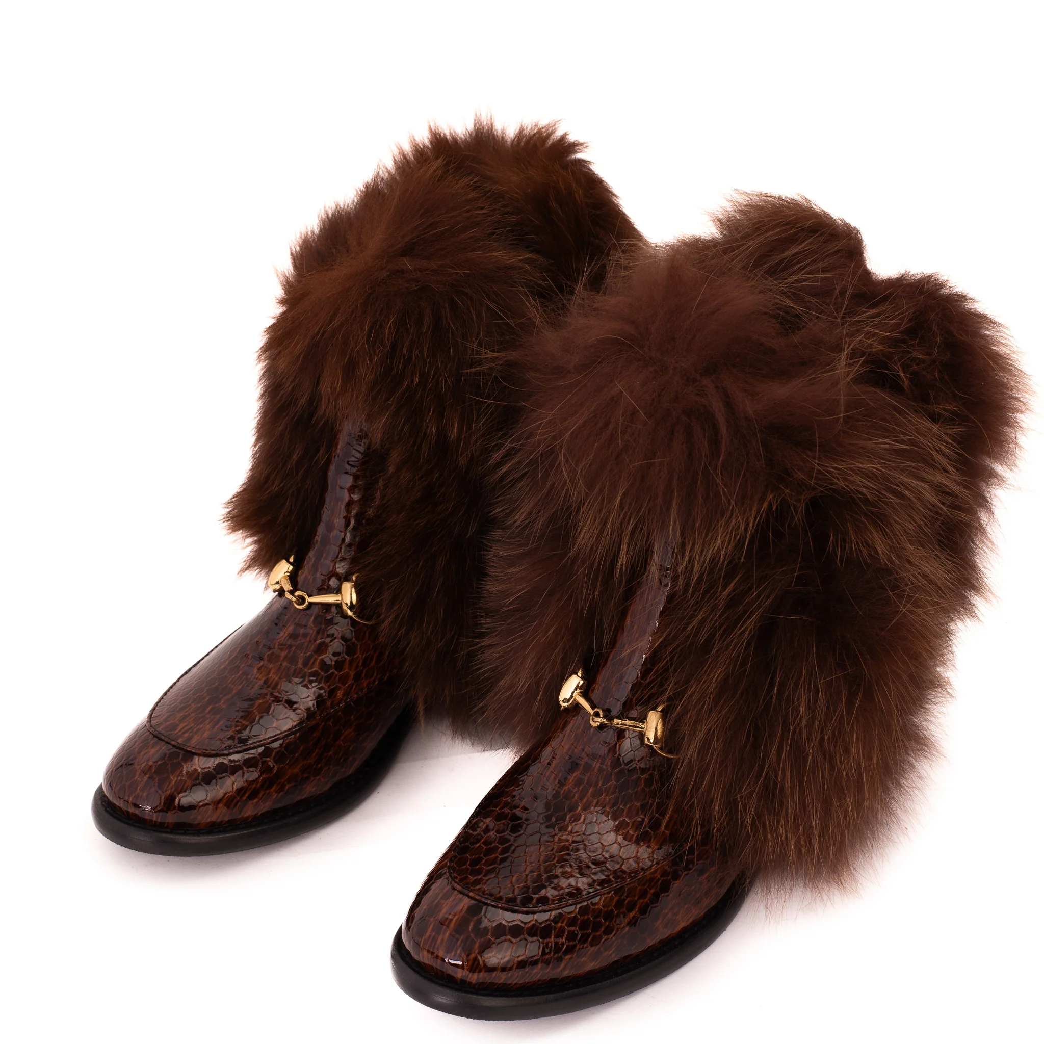 The Izmir Brown Patent Leather Natural Fur Mid Calf Women Boot - Image 4