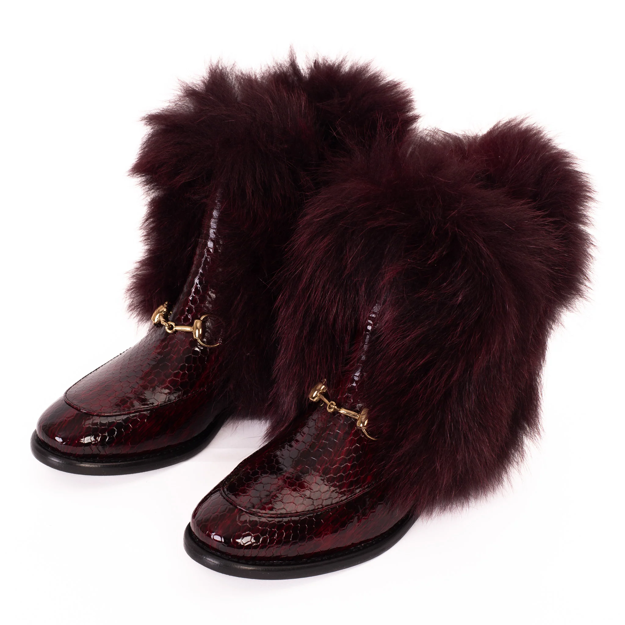The Izmir Burgundy Patent Leather Natural Fur Mid Calf Women Boot - Image 7