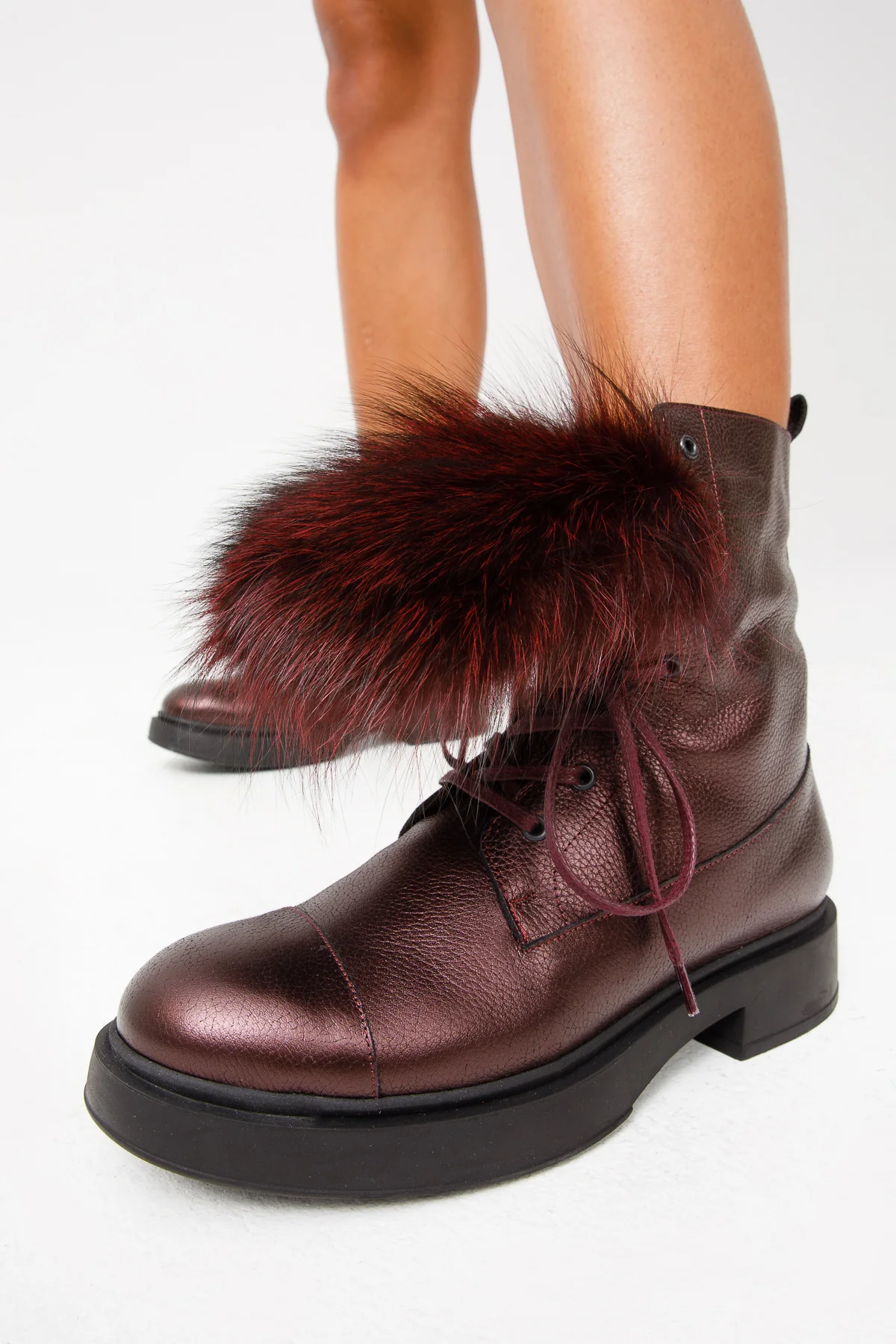 The Kajapati Burgundy Leather Natural Fur Mid Calf Women Boot - Image 16
