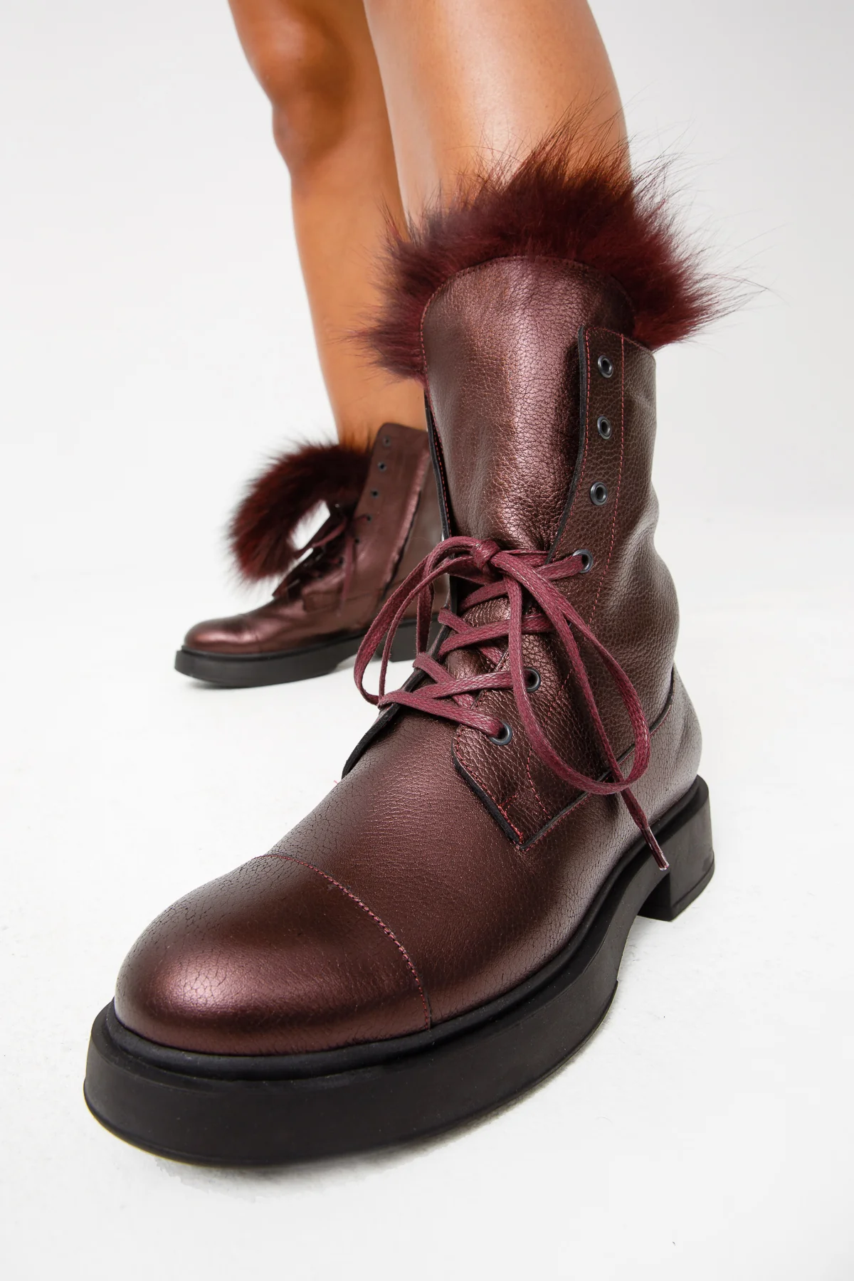 The Kajapati Burgundy Leather Natural Fur Mid Calf Women Boot - Image 17