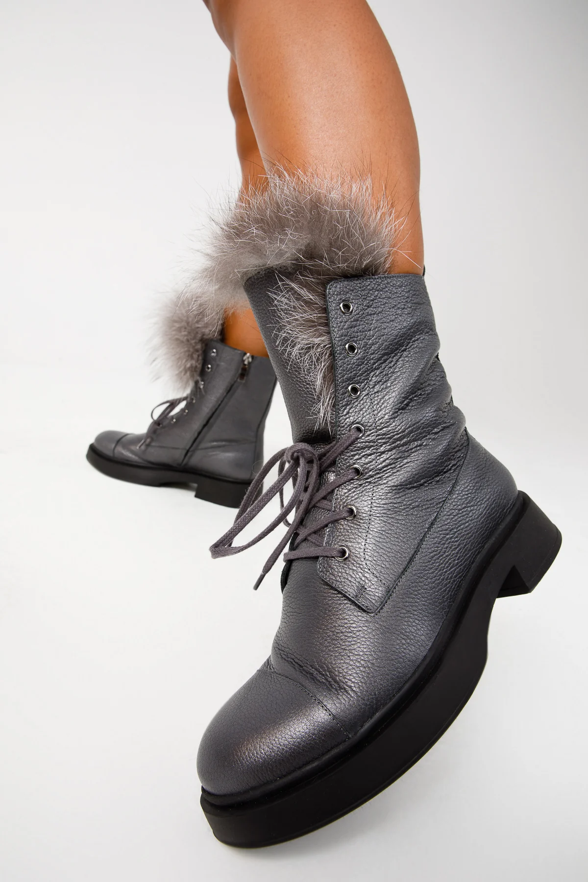 The Kajapati Grey Leather Natural Fur Mid Calf Women Boot - Image 7
