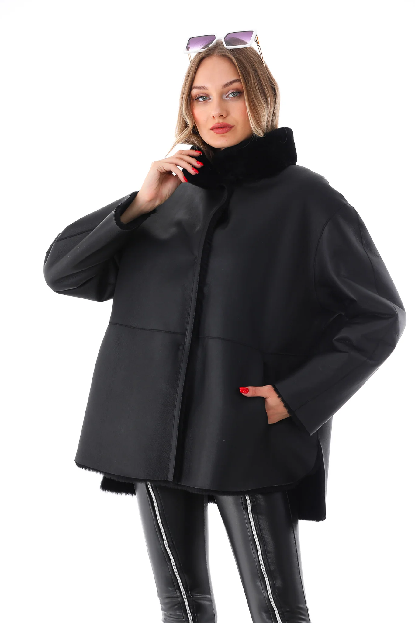 The Luxera Reversible Black Shearling Women Leather Jacket - Image 14