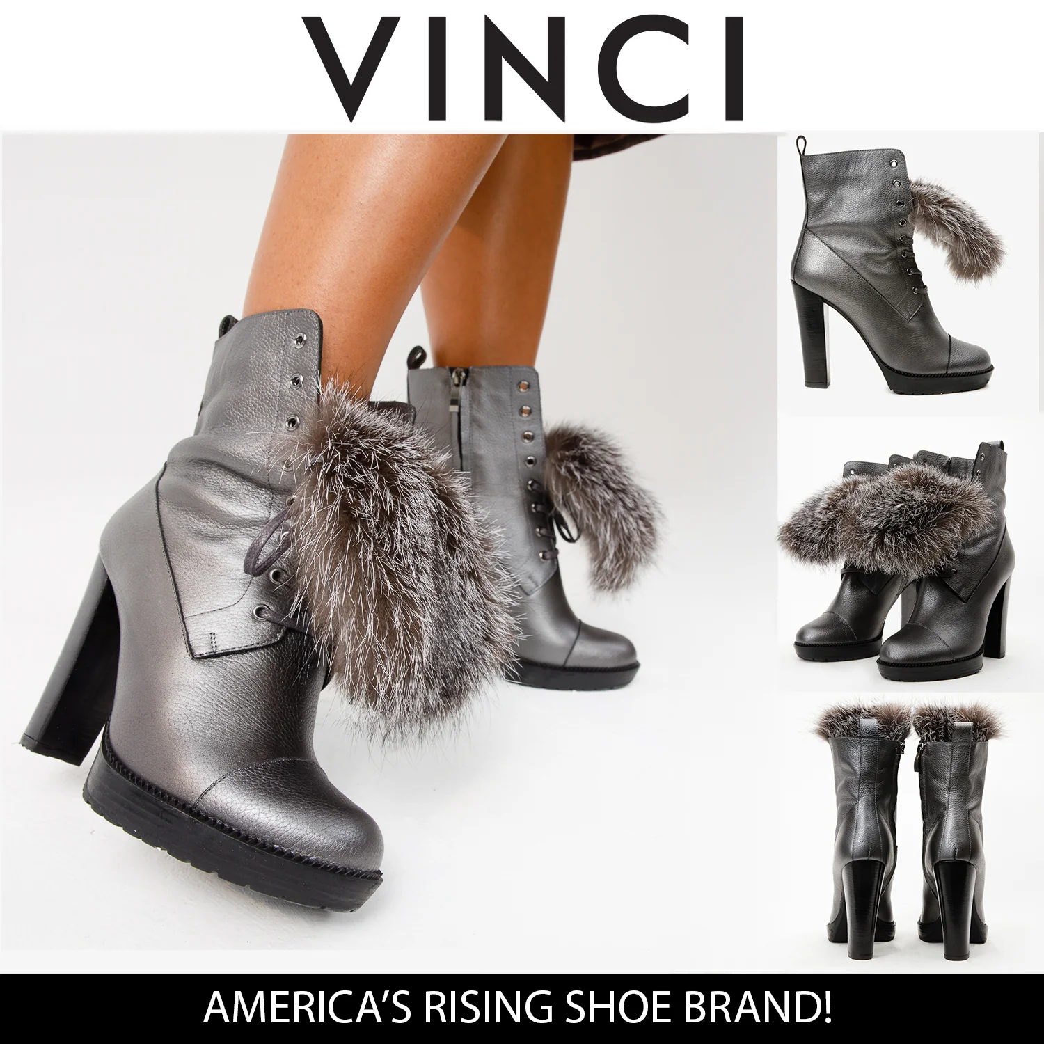 The Melo Gray Leather Natural Fur Mid Calf Platform Heel Women Boot - Image 16
