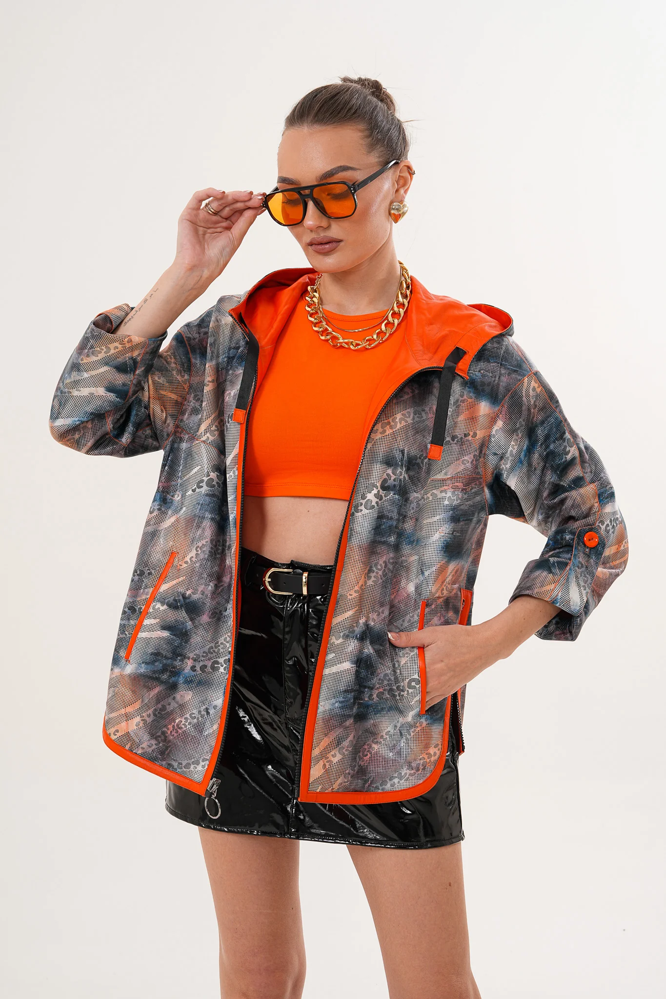 The Nyxara Reversible Hooded Orange Leather Jacket - Image 5