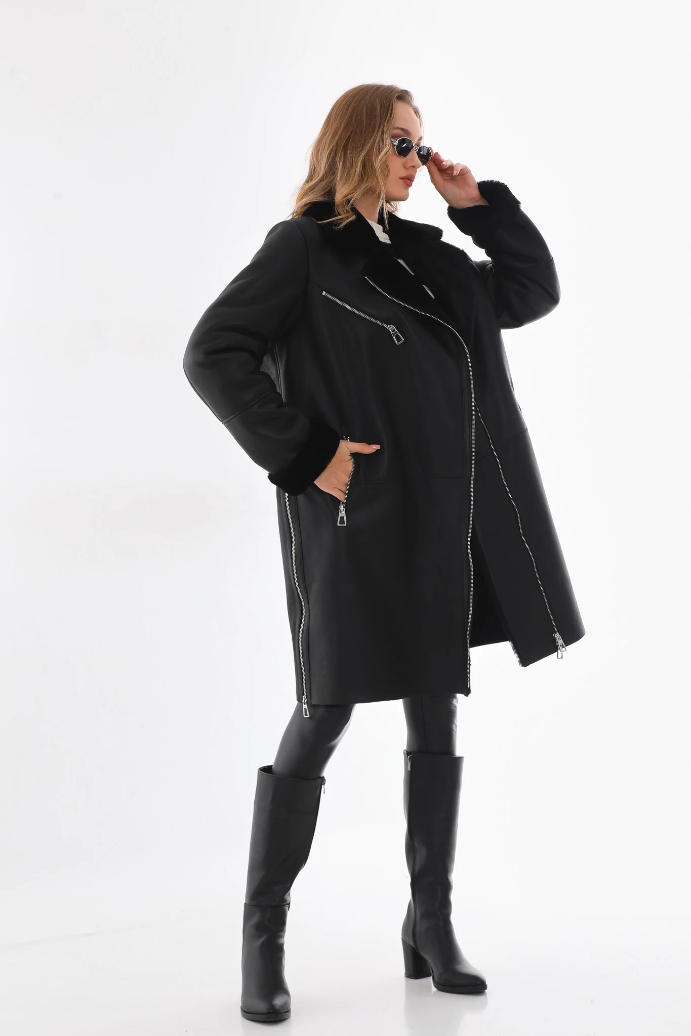 The Onyx Black Shearling & Fox Fur Leather Women Jacket - Image 11