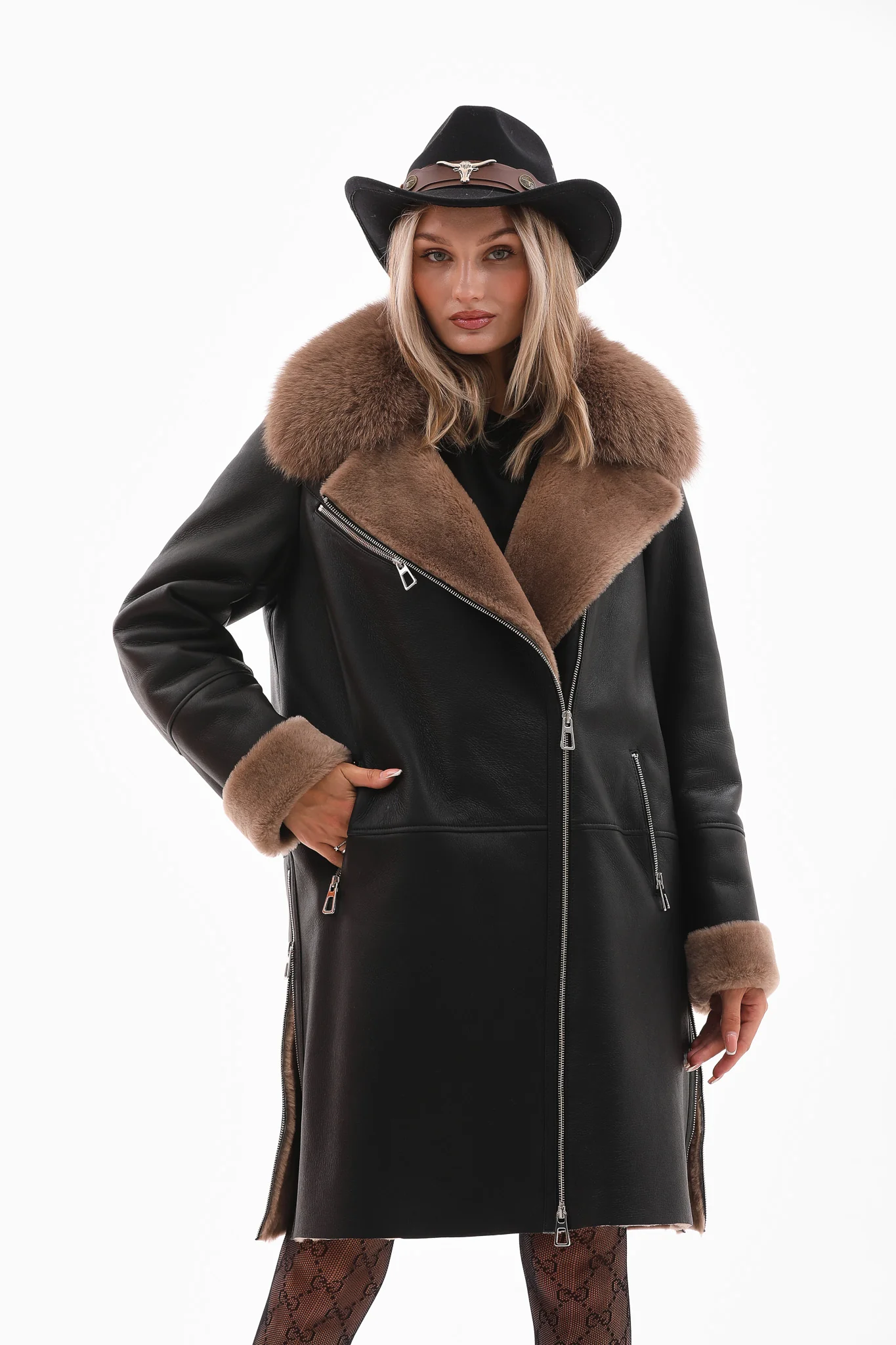 The Onyx Caramel Shearling & Fox Fur Leather Women Jacket - Image 10