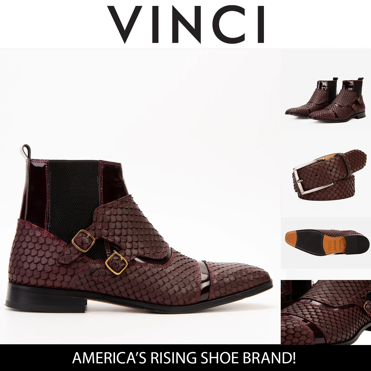 The Orion Burgundy Snakeskin Pattern Leather Double Monk Strap Men Boot - Image 9