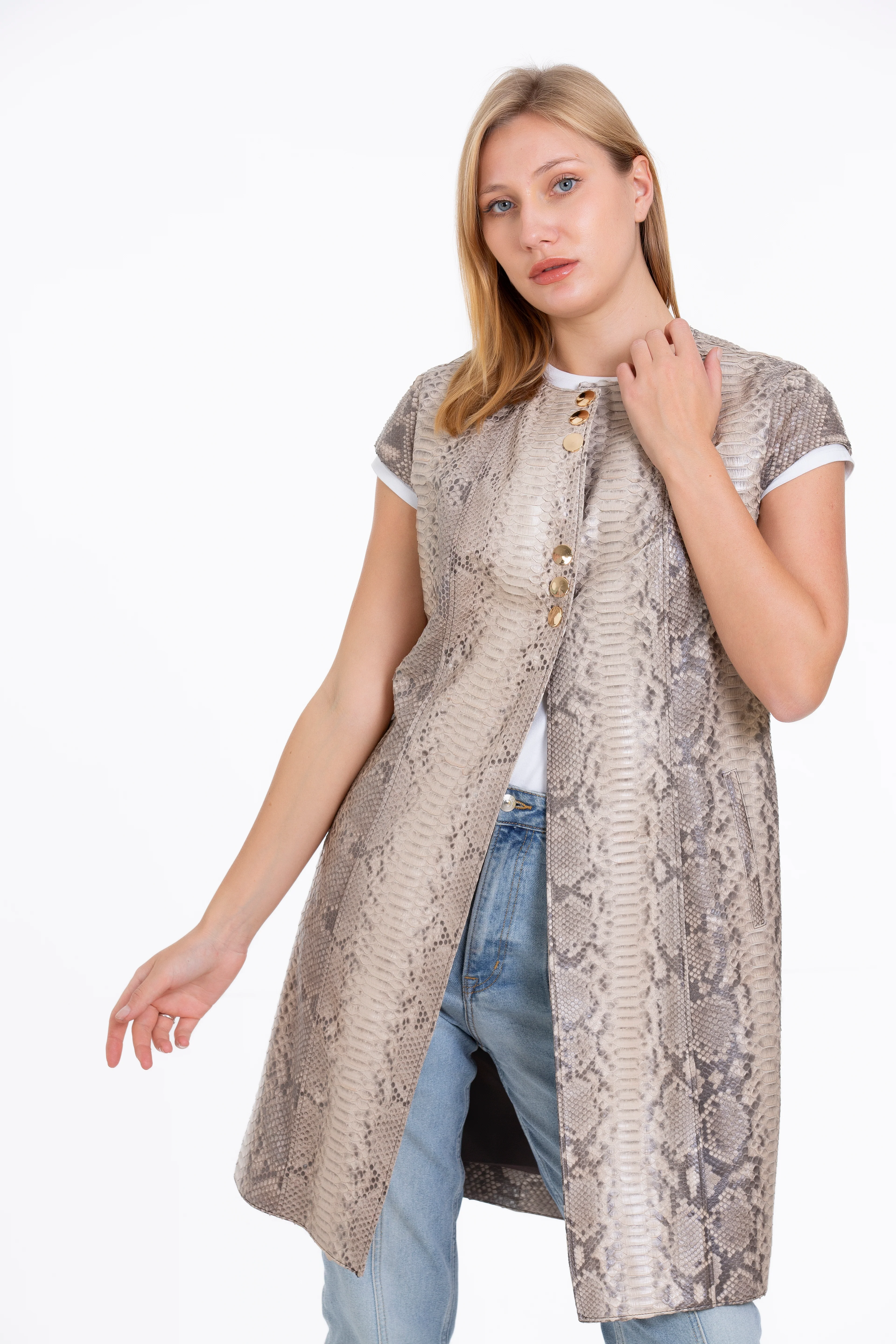 The Principe Pythn Skin Leather Natural Zip-Up Vest Women Jacket - Image 6