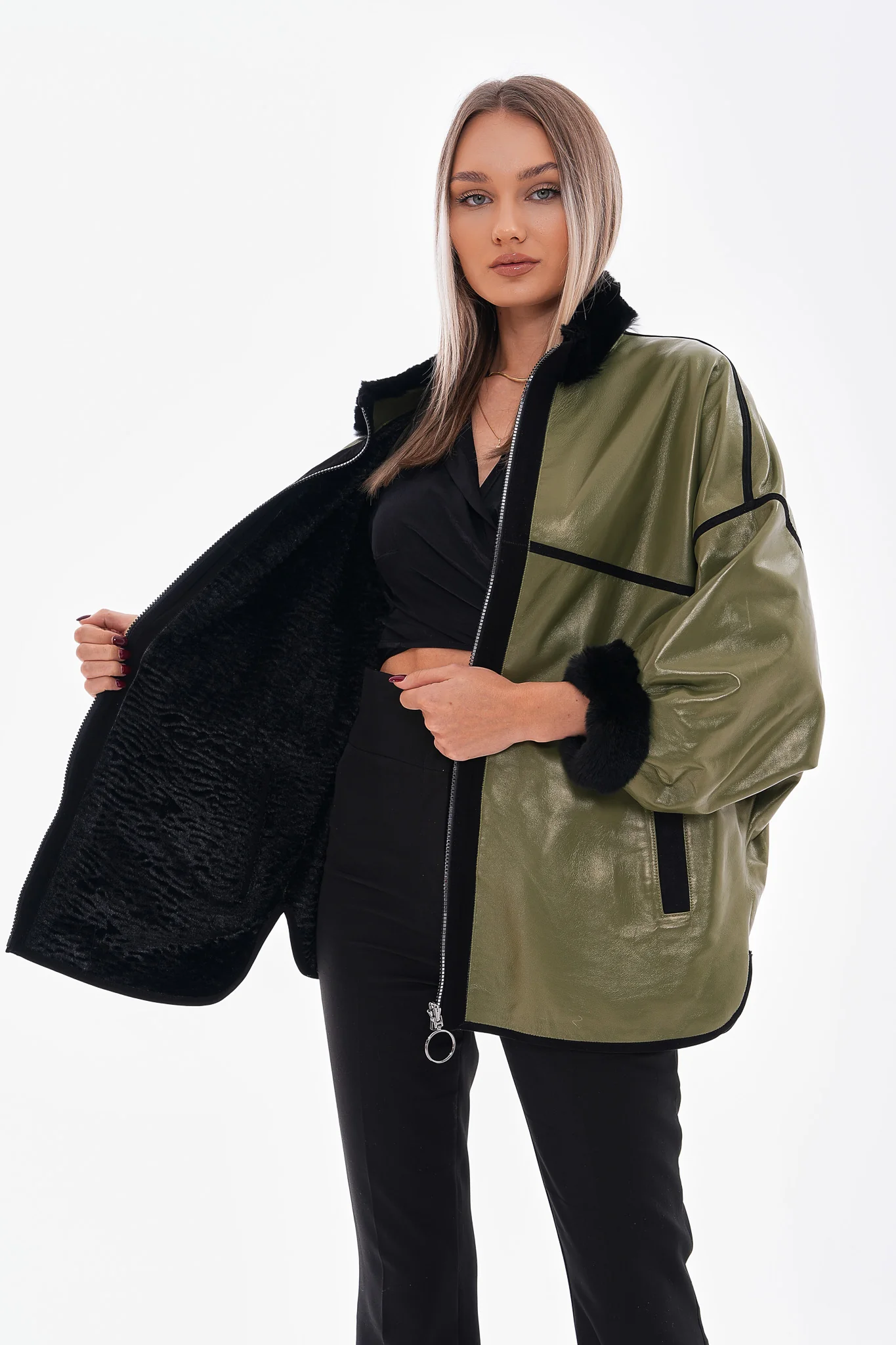 The Rebel Reversible Shearling Olive Green Leather Women Jacket - Image 6