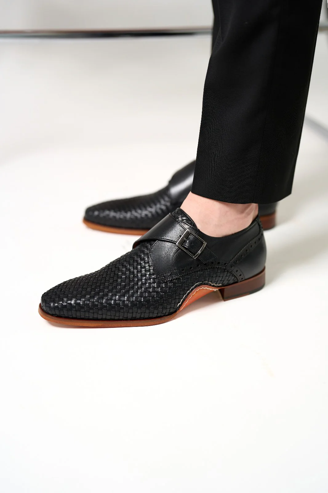 The Rolls Woven Black Leather Single Monk Strap Handmade Men Shoe - Image 11