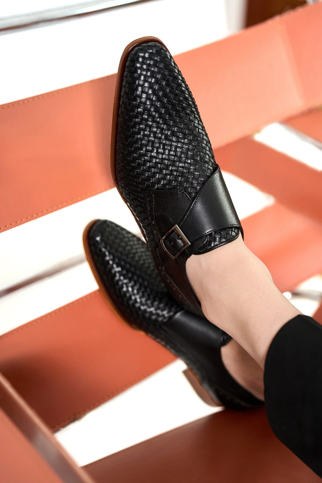 The Rolls Woven Black Leather Single Monk Strap Handmade Men Shoe - Image 14