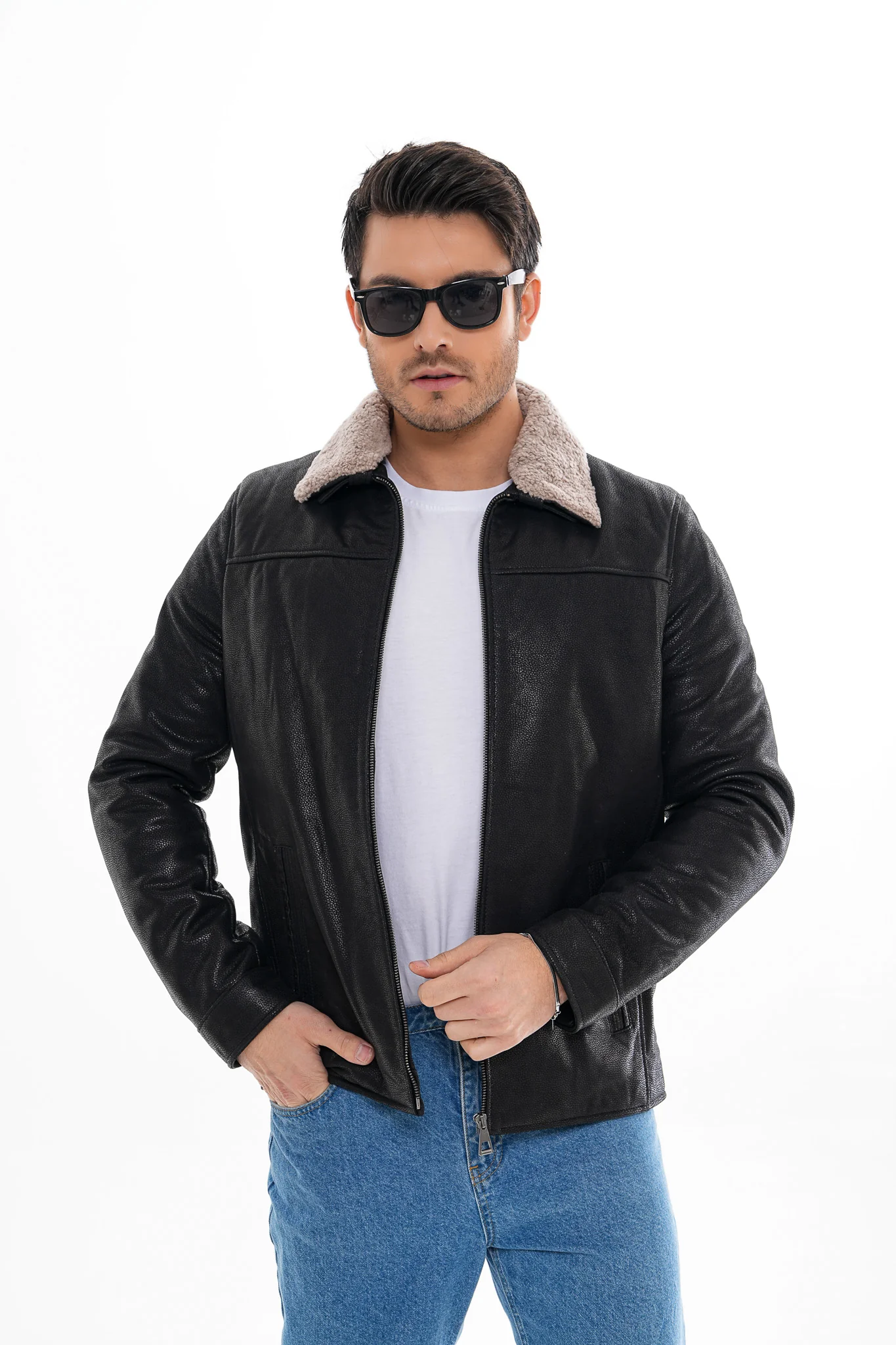 The Sarnico Black Shearling Collar Leather Jacket - Image 6