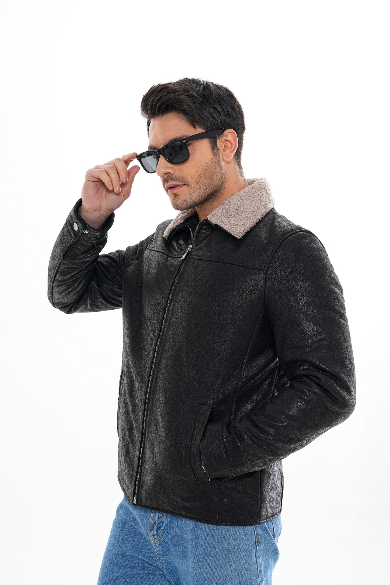 The Sarnico Black Shearling Collar Leather Jacket - Image 8