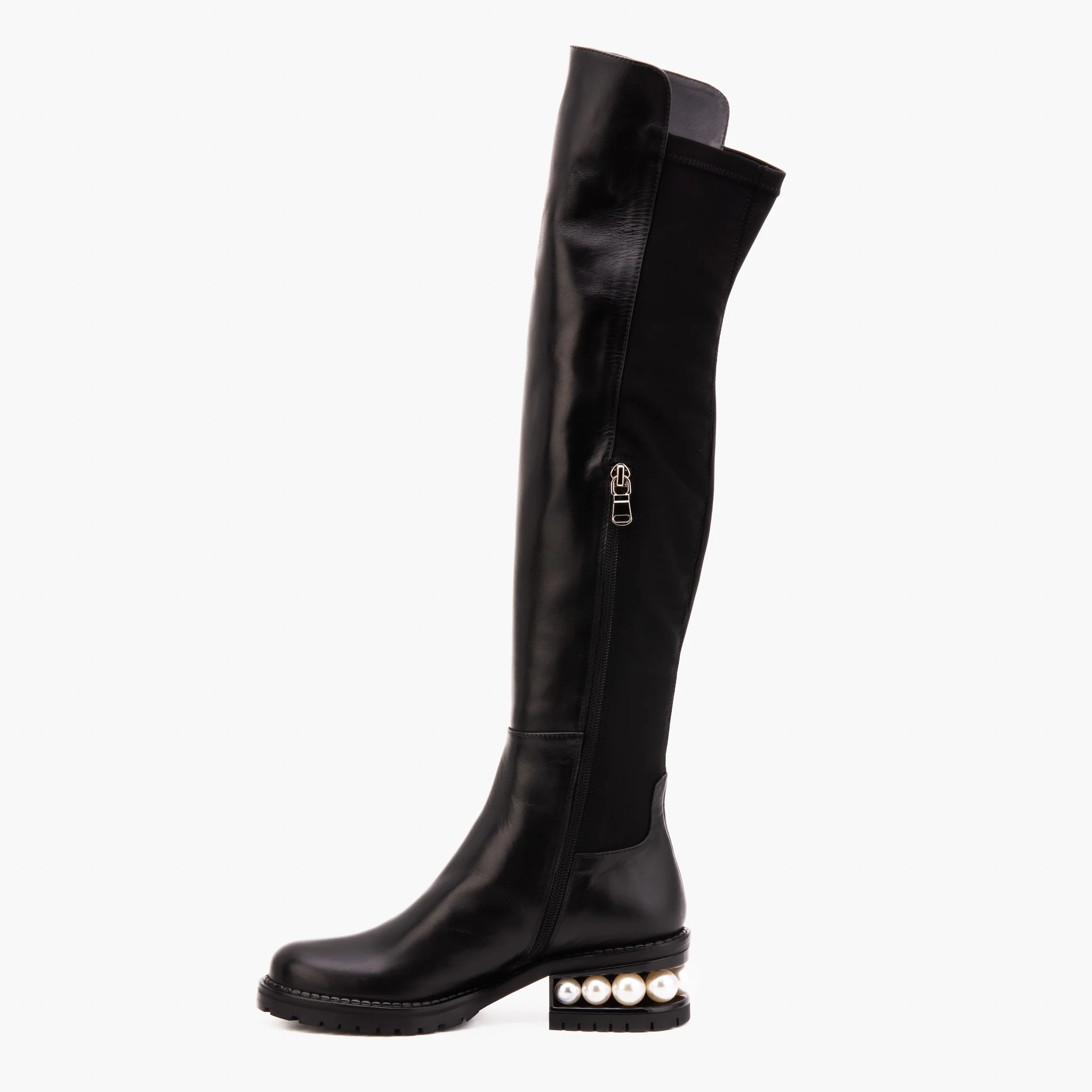 The Valeria Pearl Heel Knee-High Women Black Leather Boot - Image 4