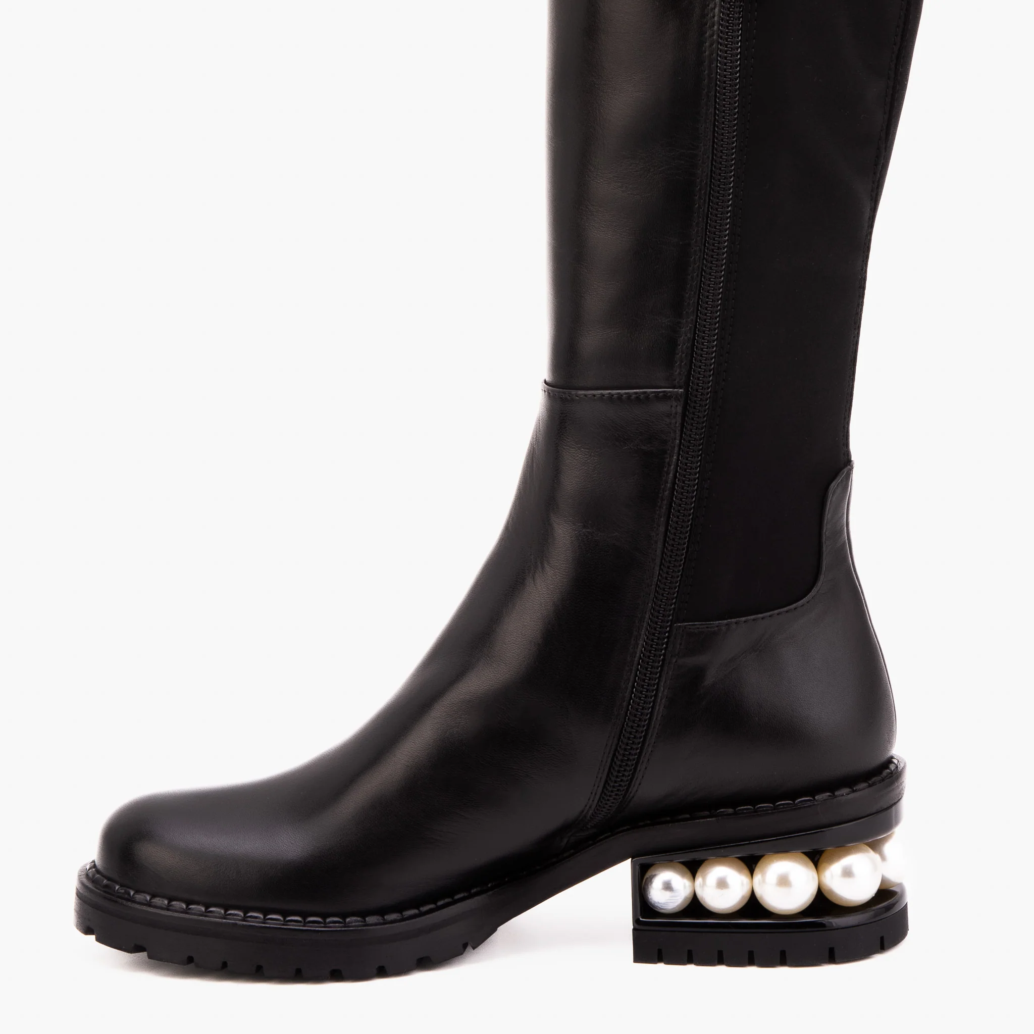 The Valeria Pearl Heel Knee-High Women Black Leather Boot - Image 9
