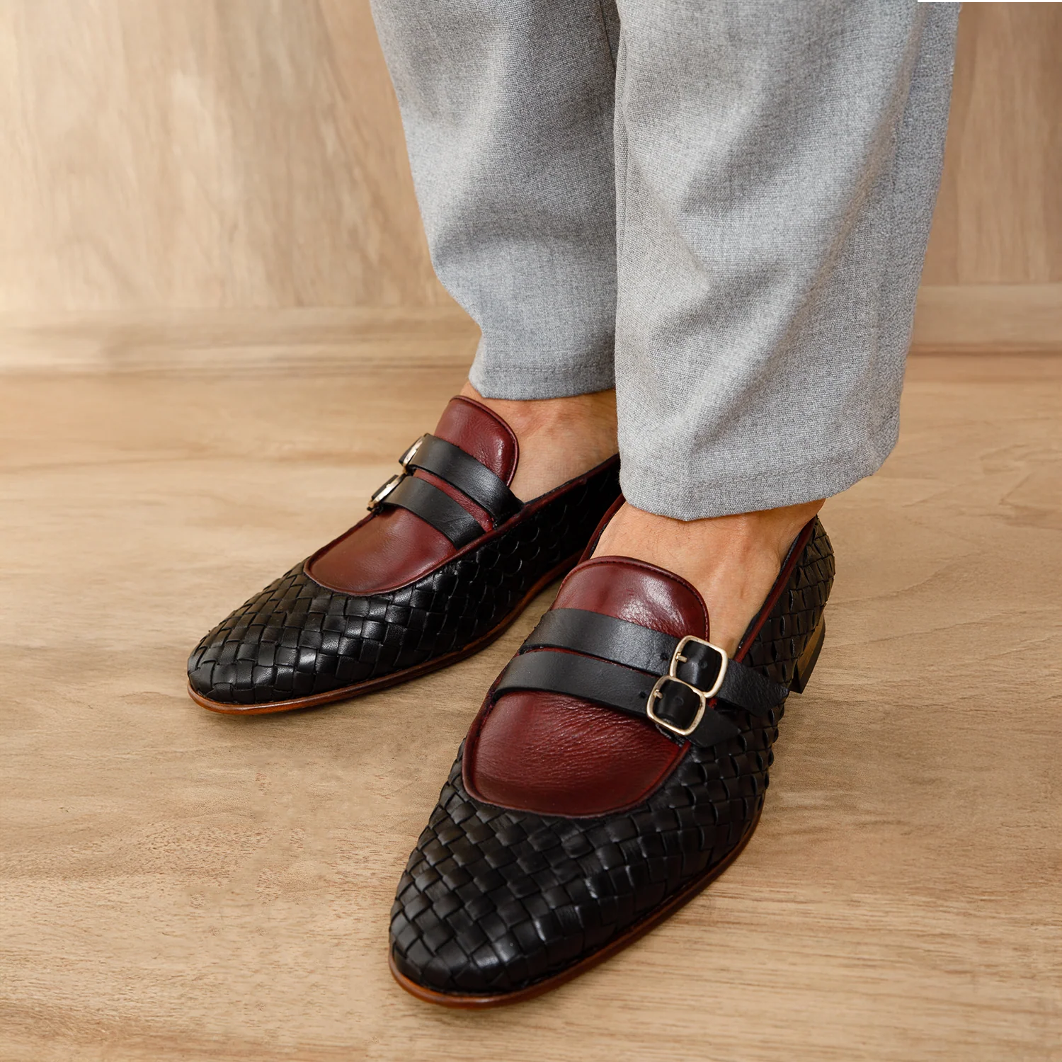 The Vatra Black & Burgundy Woven Double Monk Strap Men Shoe - Image 12