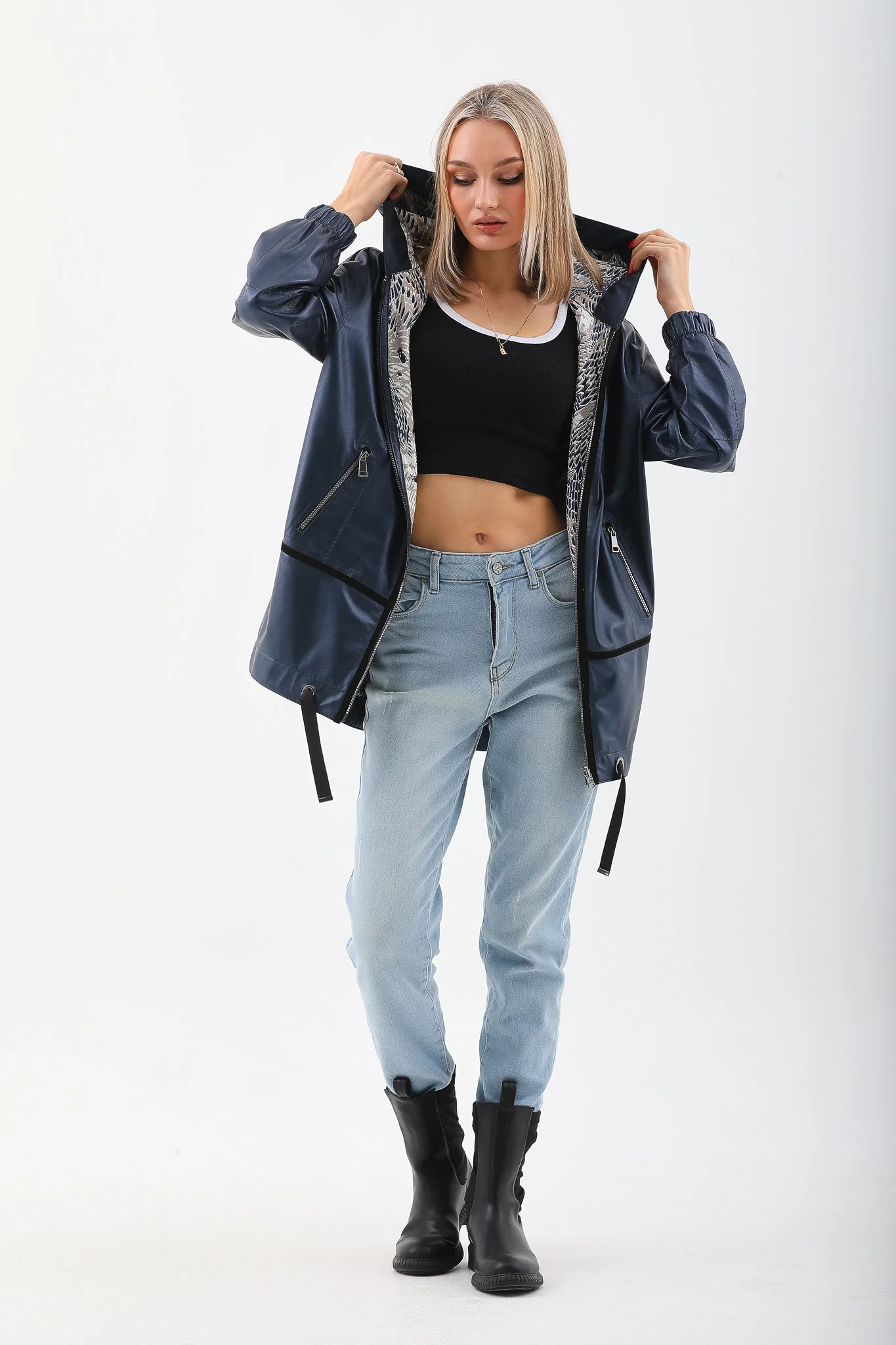 The Vega Navy Reversible Leather Women Jacket - Image 9