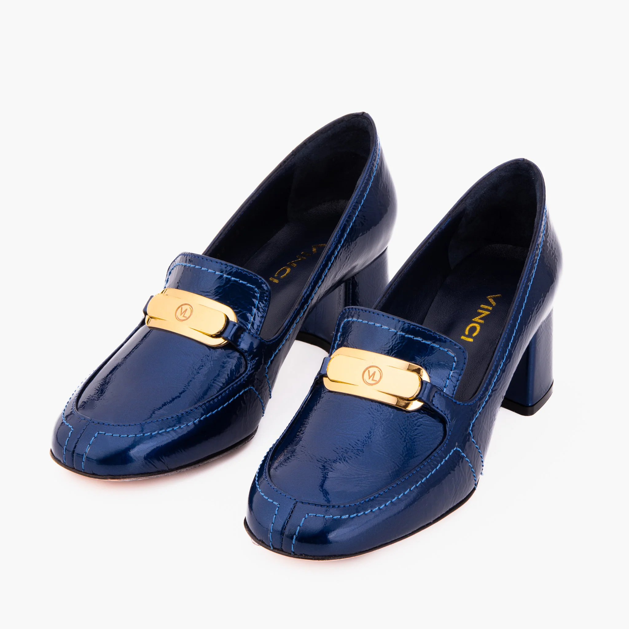 The Victoria Navy Blue Leather Block Heel Pump Women Shoe - Image 7